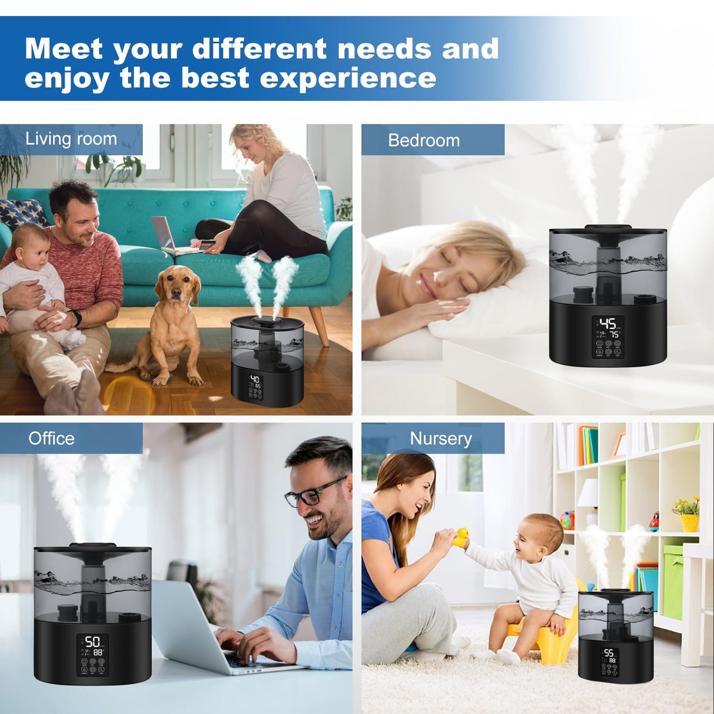 6L Humidifiers for Bedroom Large Room Home, Cool and Warm for Baby and Plants Mist Top Fill Desk Humidifiers Essential Oil Diffuser, Quiet with Adjustable Mist,360°Nozzle-Black