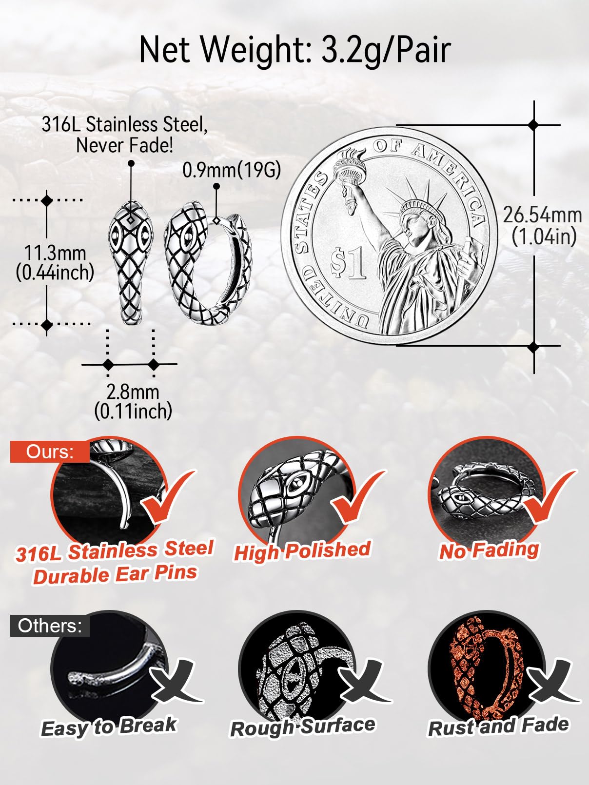 FaithHeart Dragon/Dinosaur/Snake Hoop Earrings for Men, Sturdy Stainless Steel Punk Biker Animals Hypoallergenic Jewelry, Gift Box