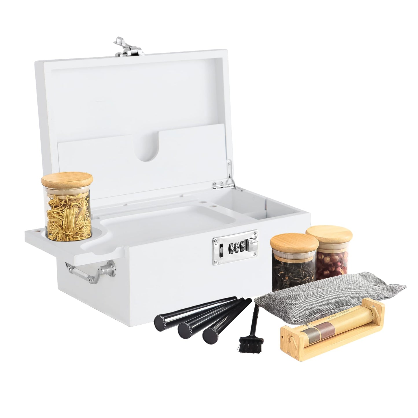 Bamboo Box with Combination Lock, Decorative Box with Handle, Large Storage Stash Box Set, Removable Dividers, 3 Glass Jars, Bamboo Herb Roller, Tray Insert & Smell Proof Accessory Tools Kit (Black)