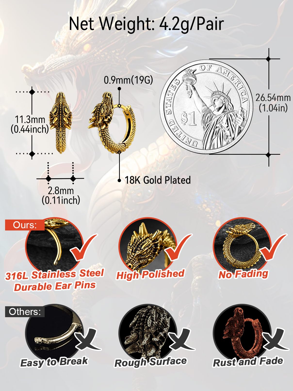 FaithHeart Dragon/Dinosaur/Snake Hoop Earrings for Men, Sturdy Stainless Steel Punk Biker Animals Hypoallergenic Jewelry, Gift Box