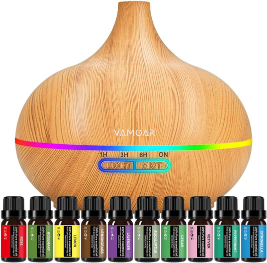 Essential Oil Diffuser Gift Set,10 Essential Oil,550ml Oil Diffuser & Essential Oil Diffusers with 4 Timer &Auto Shut-Off for & 15 Ambient Light Settings