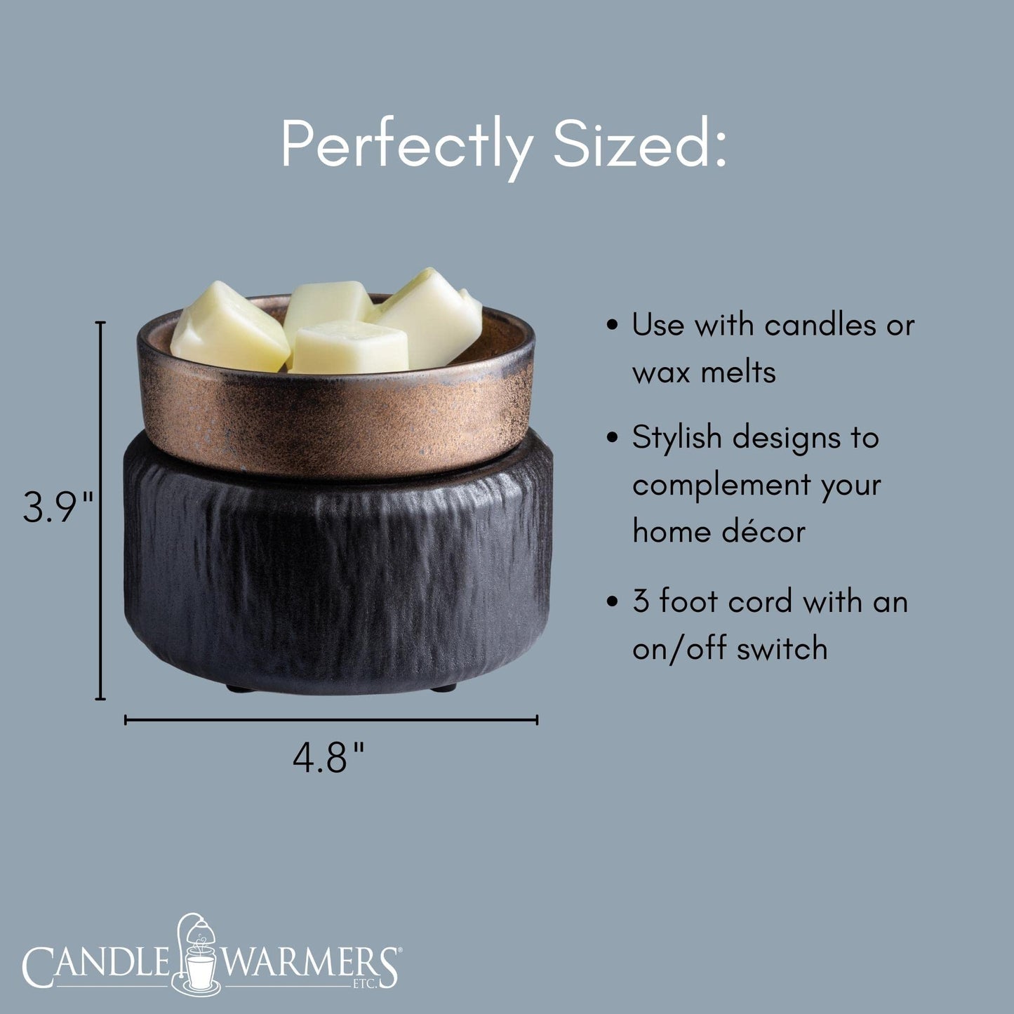 Candle Warmers Etc 2-In-1 Candle and Fragrance Wax Melt Warmer For Warming Scented Candles or Wax Melts and Tarts With To Freshen Room, Slate