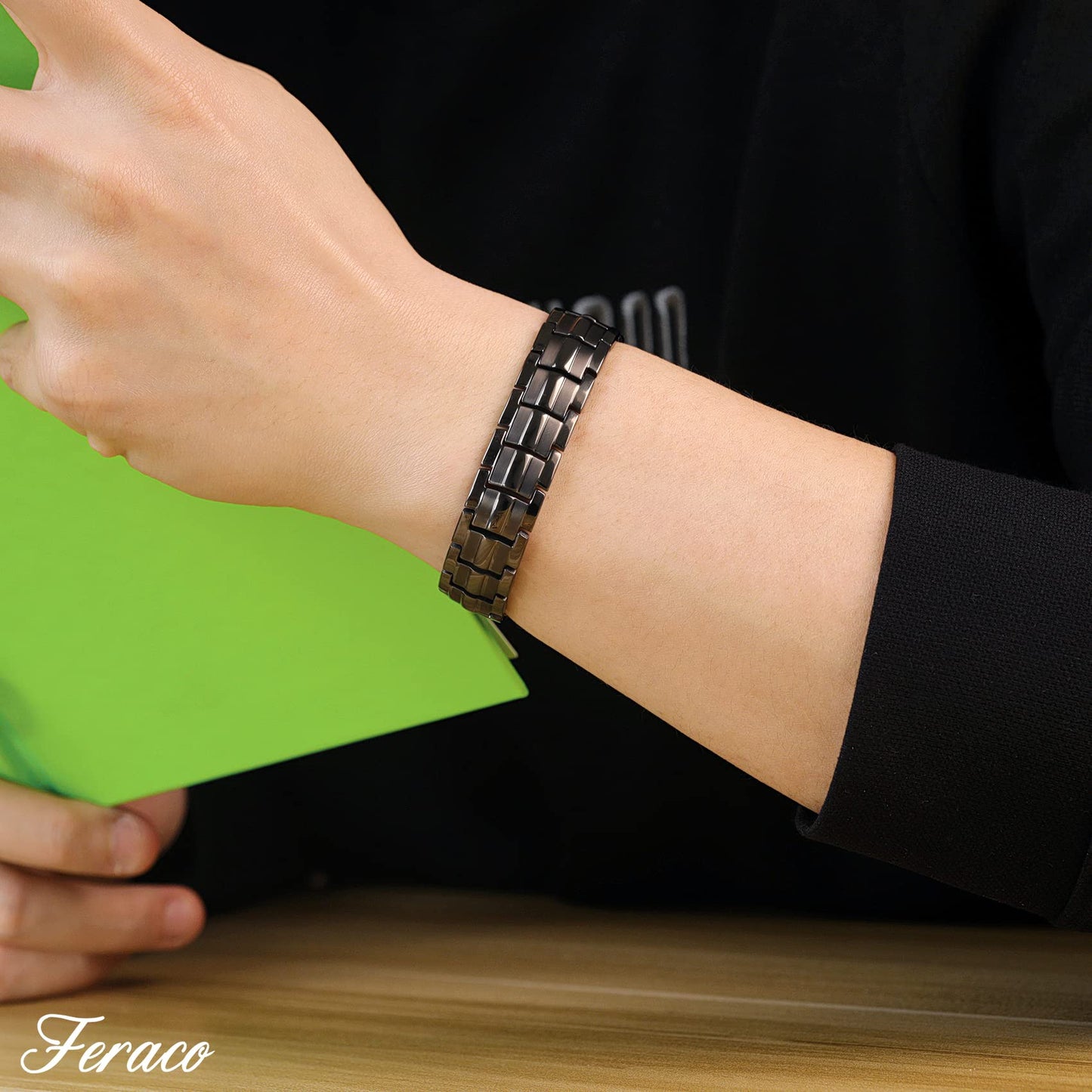 Feraco Magnetic Bracelet for Men Titanium Steel Magnetic Bracelet for Men with Double Row Magnets Adjustable (Black & Blue Line)