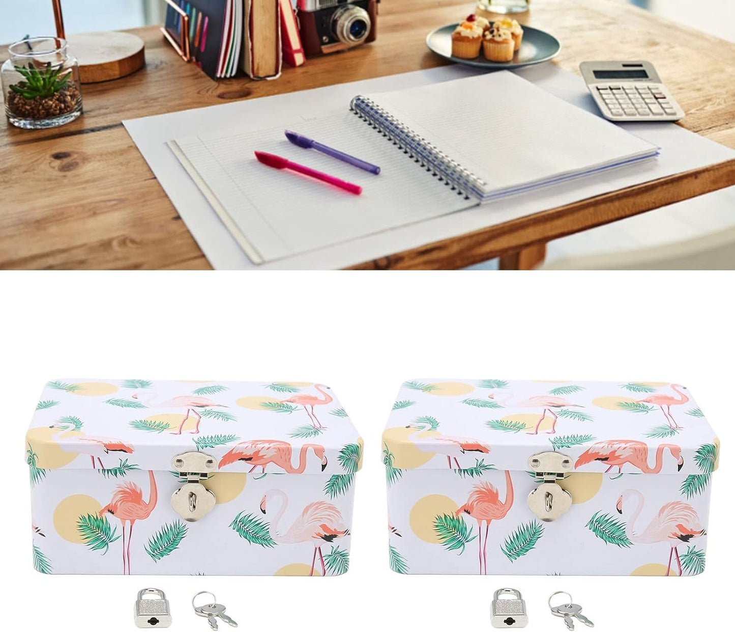 Retro Flamingo Leaves Tinplate Storage Box with Locks Keys Stash Box Lock Box Stash Box With Lock Stash Box Combos Multi-Purpose Rectangular Tin Box