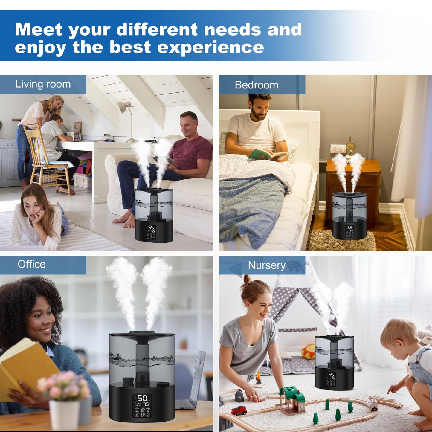6L Humidifiers for Bedroom Large Room Home, Cool and Warm for Baby and Plants Mist Top Fill Desk Humidifiers Essential Oil Diffuser, Quiet with Adjustable Mist,360°Nozzle-Black
