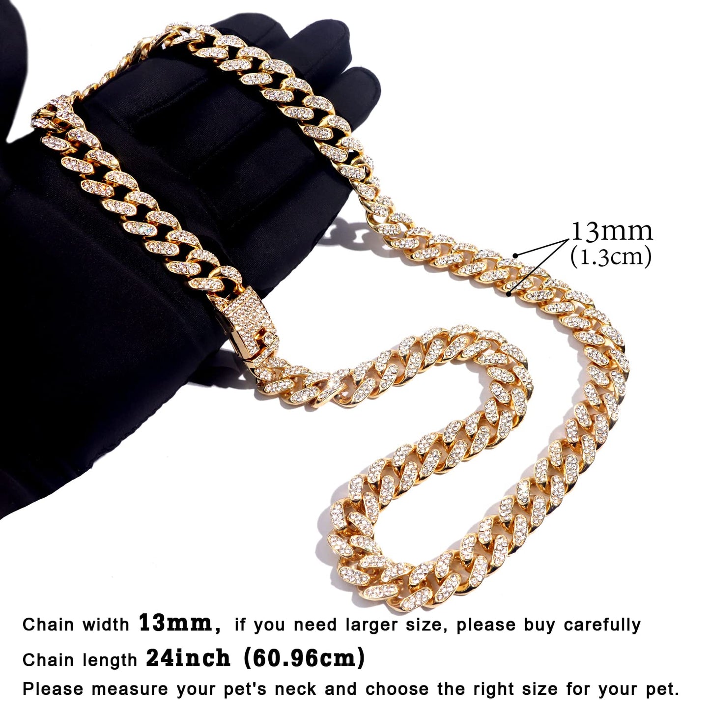Cuban Link Dog Collar Gold Silver Color Metal Chain Diamond Pet Collars for Dogs Cats Jewelry 8/10/14/16/18/20/24/28 Inch (16inch, Gold)