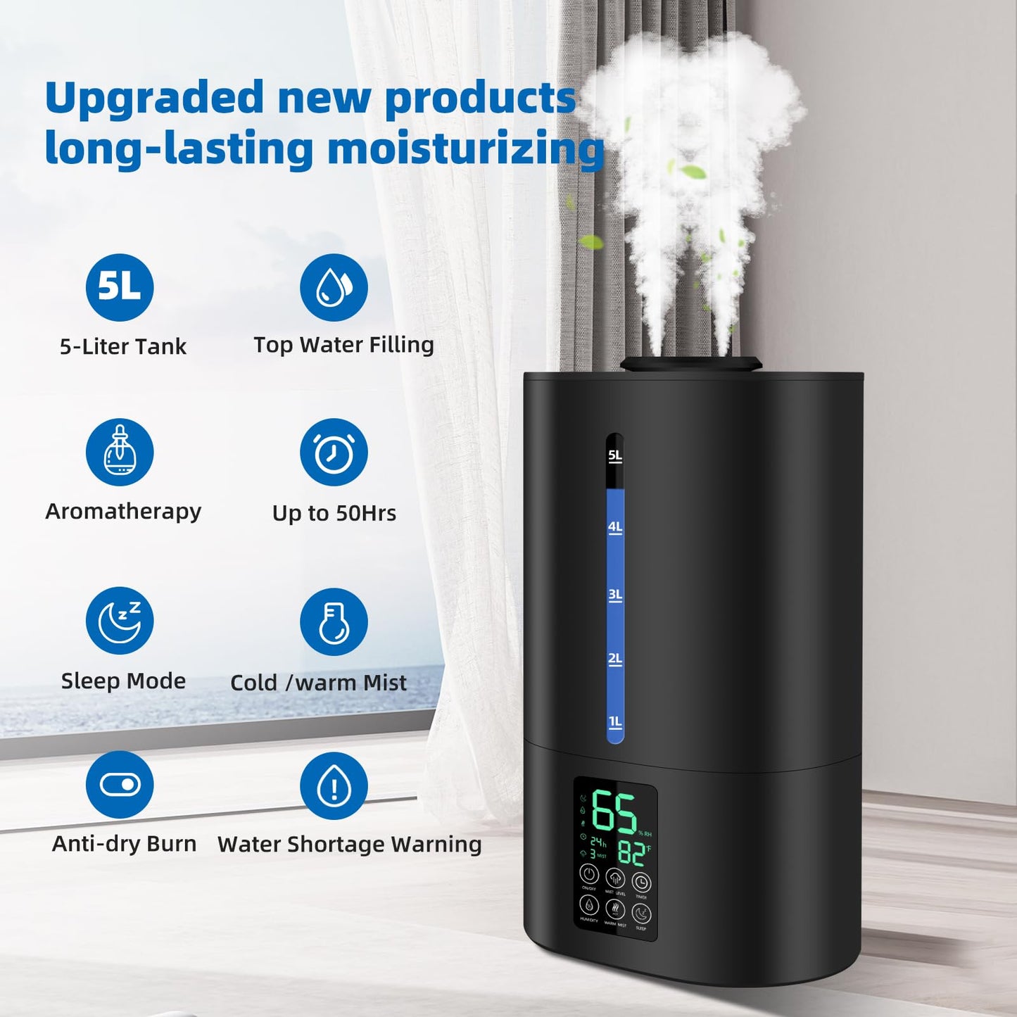 6L Humidifiers for Bedroom Large Room Home, Cool and Warm for Baby and Plants Mist Top Fill Desk Humidifiers Essential Oil Diffuser, Quiet with Adjustable Mist,360°Nozzle-Black