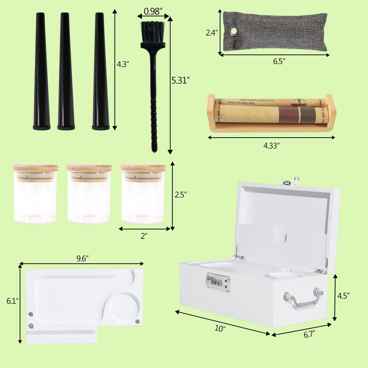 Bamboo Box with Combination Lock, Decorative Box with Handle, Large Storage Stash Box Set, Removable Dividers, 3 Glass Jars, Bamboo Herb Roller, Tray Insert & Smell Proof Accessory Tools Kit (Black)