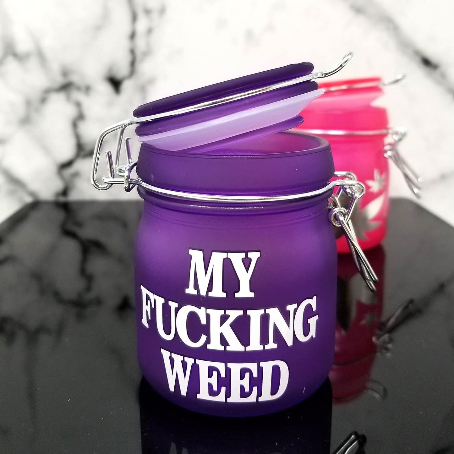 TMI Stash Jars Airtight Glass Herb Jar Medium 3.75'' Tall (Purple Frosted/My Fing WE)