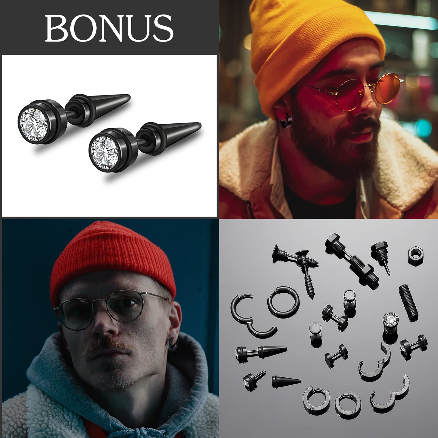 Black Stainless Steel Stud Earrings for Men Women Small Huggie Hoop Earrings Set for Men Cool Goth Punk Earrings Barbell Earrings Black Silver Hoop Cartilage Earring (Classic) (Black Tone)