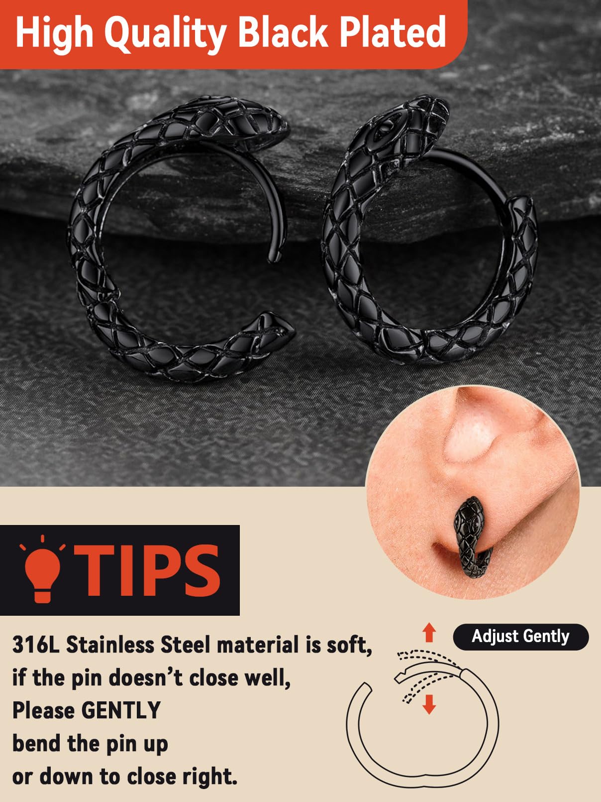 FaithHeart Dragon/Dinosaur/Snake Hoop Earrings for Men, Sturdy Stainless Steel Punk Biker Animals Hypoallergenic Jewelry, Gift Box