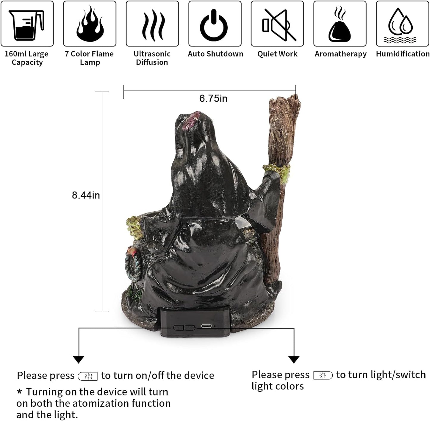 Witch Cauldron with Oil Diffuser for Essential Oils, Black Witch 7 Color Flame Humidifier Diffuser, Skull Decor Cauldron Humidifier for Bedroom Decorations, Gothic Home Decor,160ml