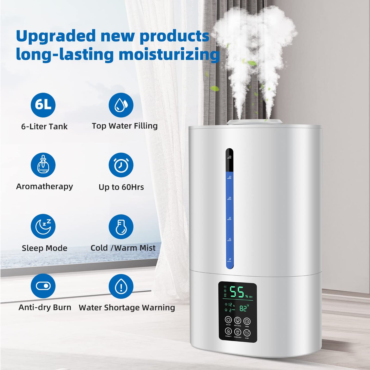 6L Humidifiers for Bedroom Large Room Home, Cool and Warm for Baby and Plants Mist Top Fill Desk Humidifiers Essential Oil Diffuser, Quiet with Adjustable Mist,360°Nozzle-Black