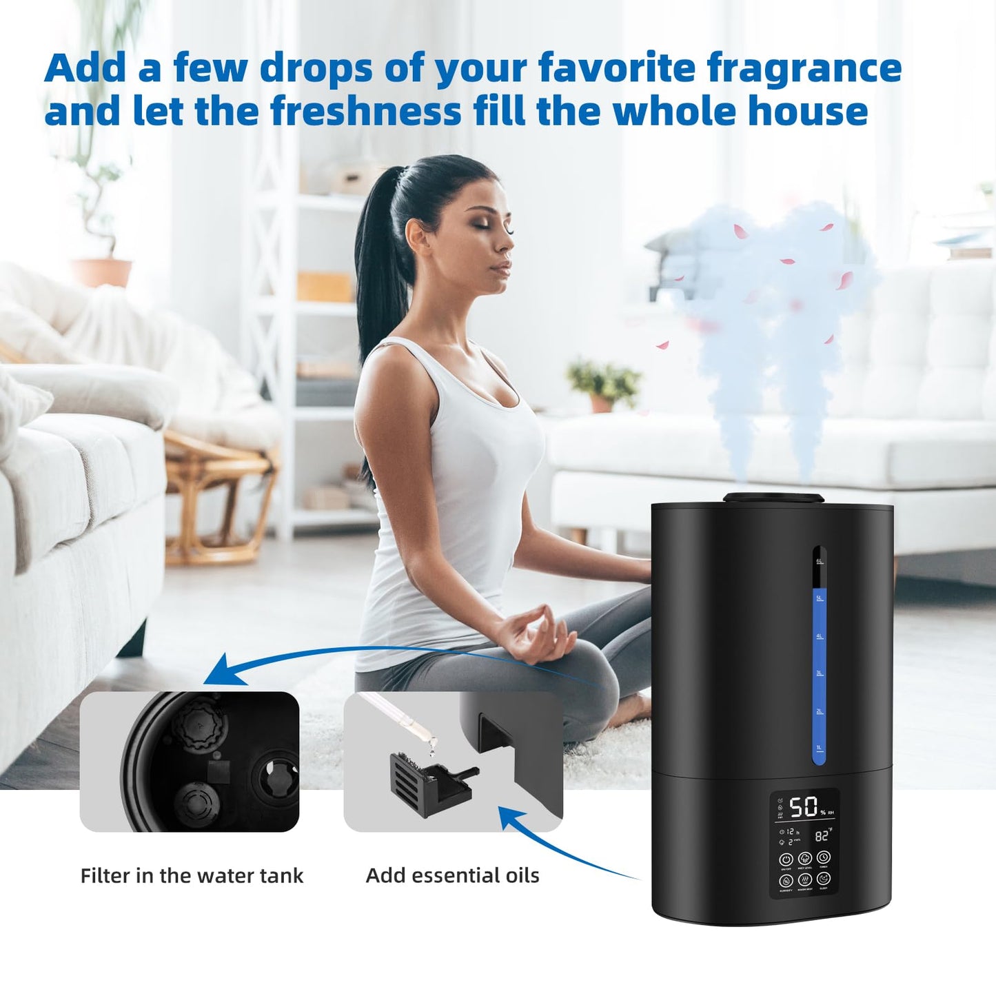 6L Humidifiers for Bedroom Large Room Home, Cool and Warm for Baby and Plants Mist Top Fill Desk Humidifiers Essential Oil Diffuser, Quiet with Adjustable Mist,360°Nozzle-Black
