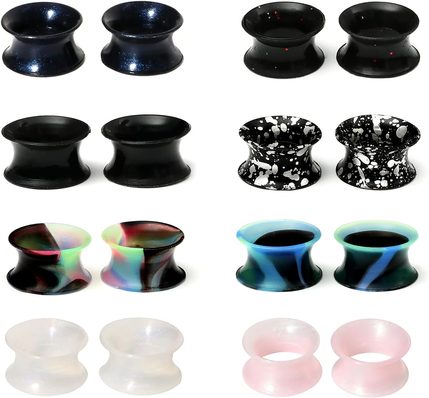WBRWP 48/32/24/22/20/16/12pcs Ear Tunnels and Plugs - Double Flared Hollow Hard/Soft Silicone Ear Gauges - Ear Expander Stretcher Body Piercing Jewelry 8g-1"