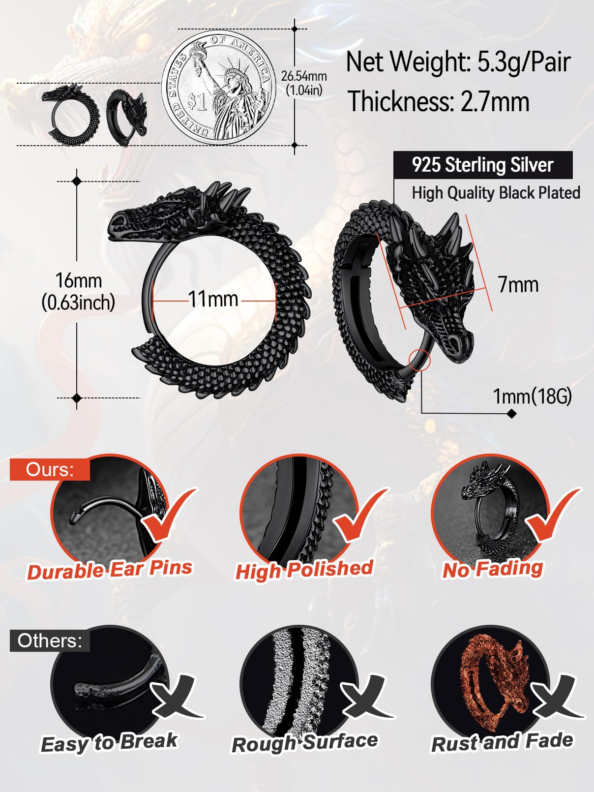 FaithHeart Dragon/Dinosaur/Snake Hoop Earrings for Men, Sturdy Stainless Steel Punk Biker Animals Hypoallergenic Jewelry, Gift Box