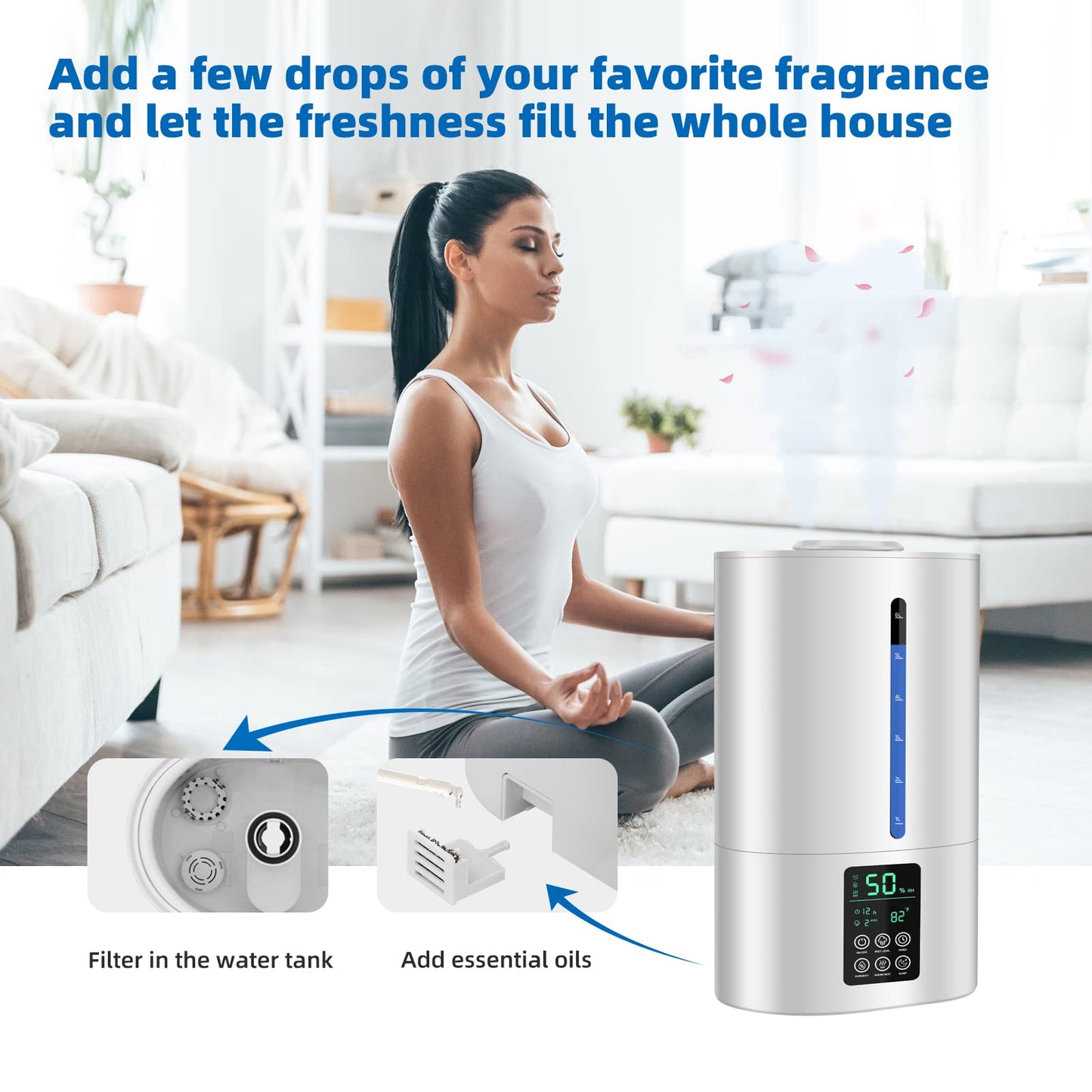 6L Humidifiers for Bedroom Large Room Home, Cool and Warm for Baby and Plants Mist Top Fill Desk Humidifiers Essential Oil Diffuser, Quiet with Adjustable Mist,360°Nozzle-Black