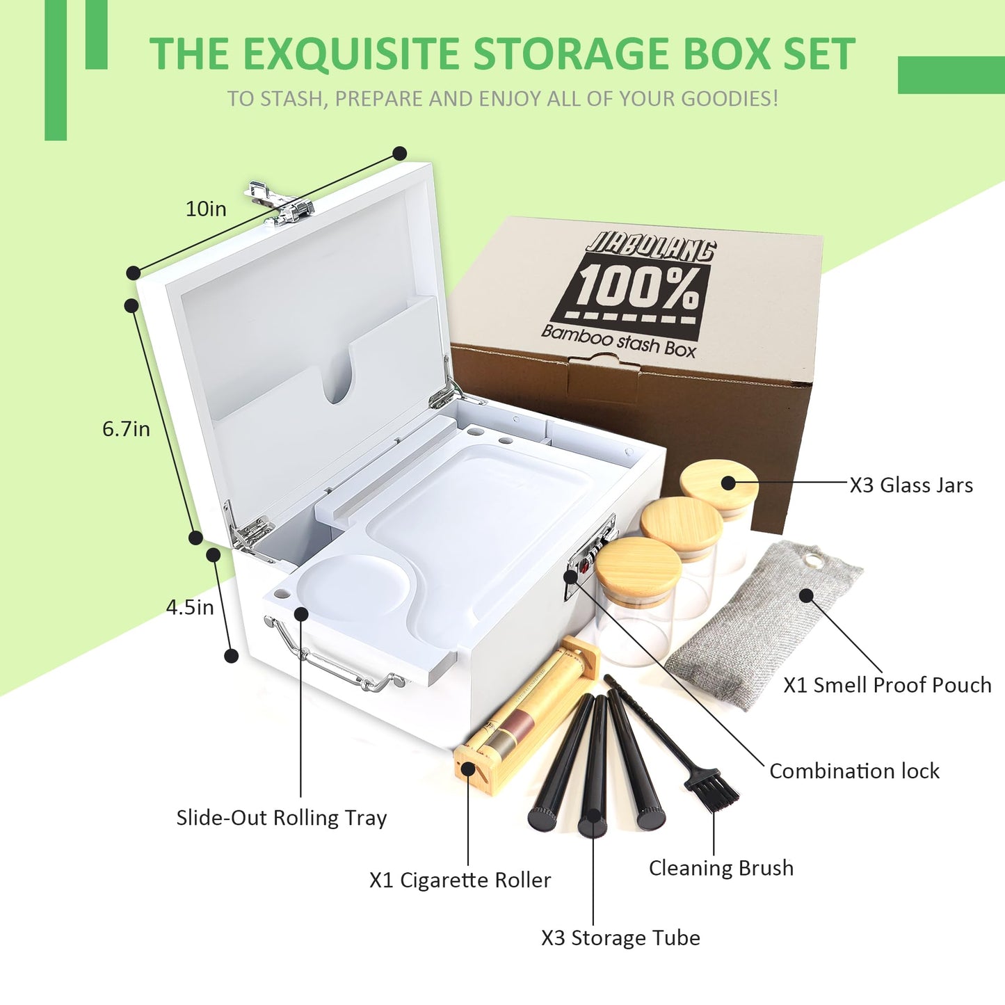 Bamboo Box with Combination Lock, Decorative Box with Handle, Large Storage Stash Box Set, Removable Dividers, 3 Glass Jars, Bamboo Herb Roller, Tray Insert & Smell Proof Accessory Tools Kit (Black)