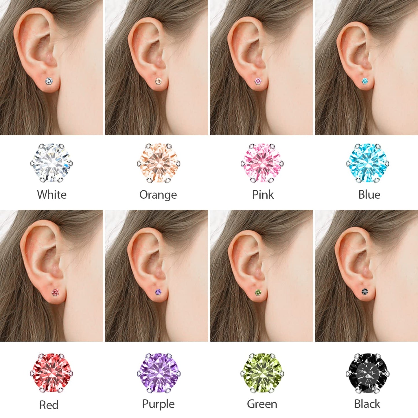 UHIBROS 6 Pairs Stainless Steel Stud Earrings Set Hypoallergenic Cubic Zirconia 14K White Gold 316L CZ Earrings
