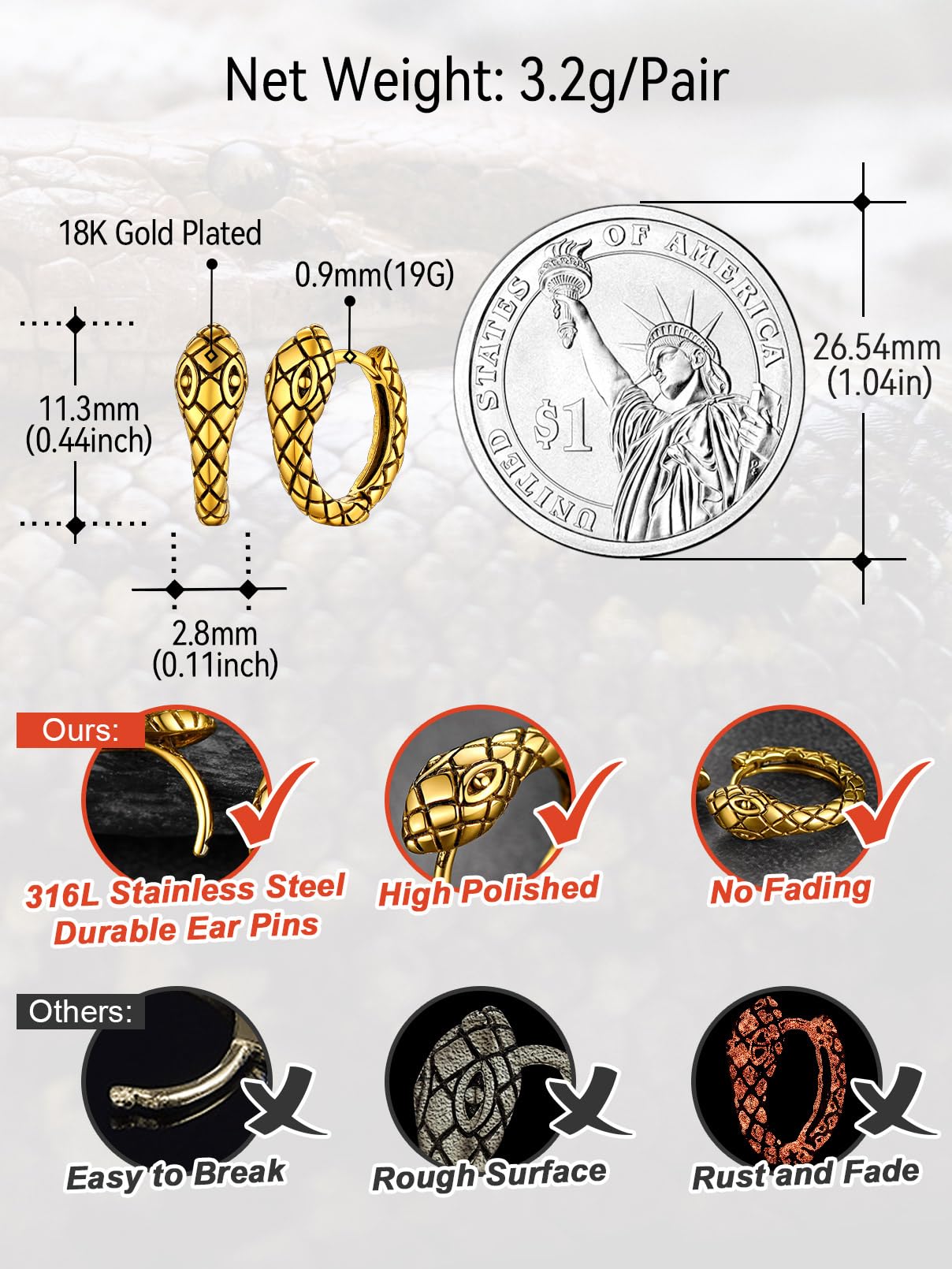 FaithHeart Dragon/Dinosaur/Snake Hoop Earrings for Men, Sturdy Stainless Steel Punk Biker Animals Hypoallergenic Jewelry, Gift Box