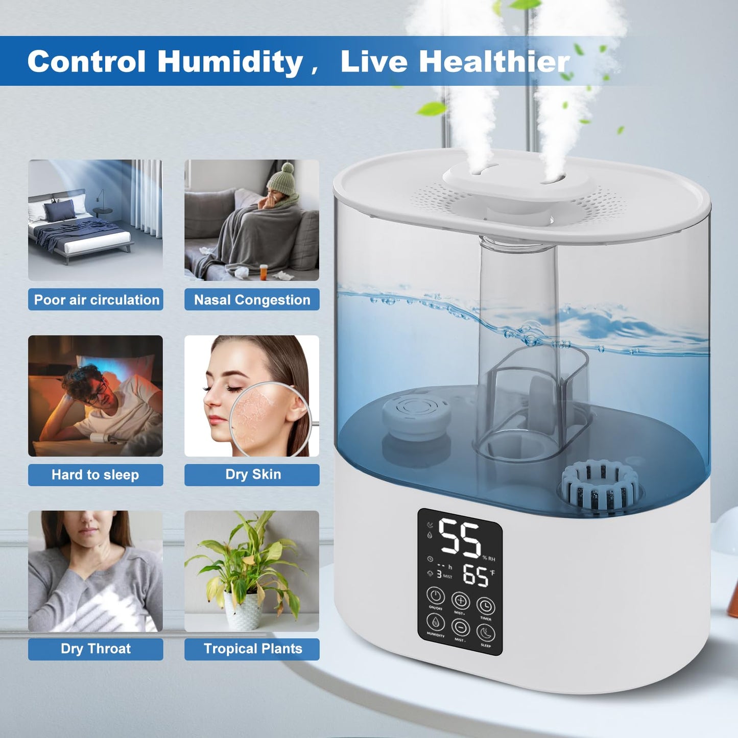 6L Humidifiers for Bedroom Large Room Home, Cool and Warm for Baby and Plants Mist Top Fill Desk Humidifiers Essential Oil Diffuser, Quiet with Adjustable Mist,360°Nozzle-Black