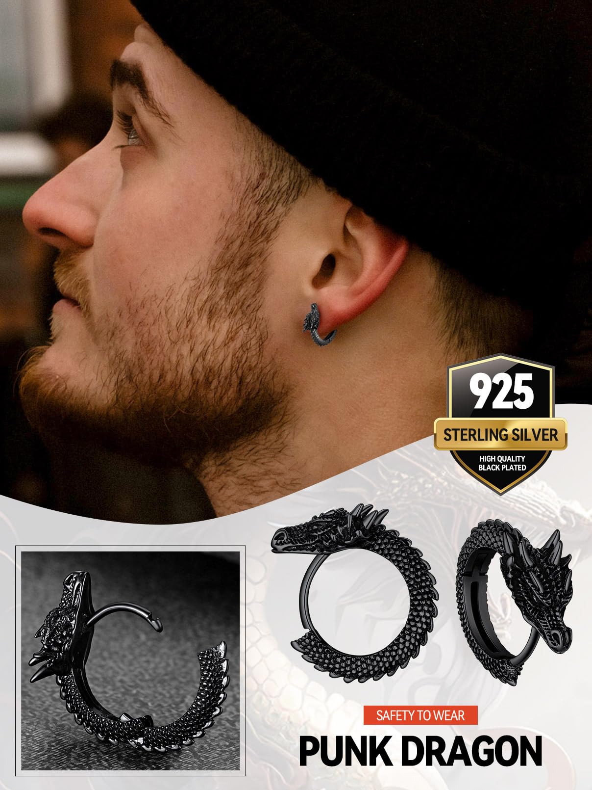 FaithHeart Dragon/Dinosaur/Snake Hoop Earrings for Men, Sturdy Stainless Steel Punk Biker Animals Hypoallergenic Jewelry, Gift Box