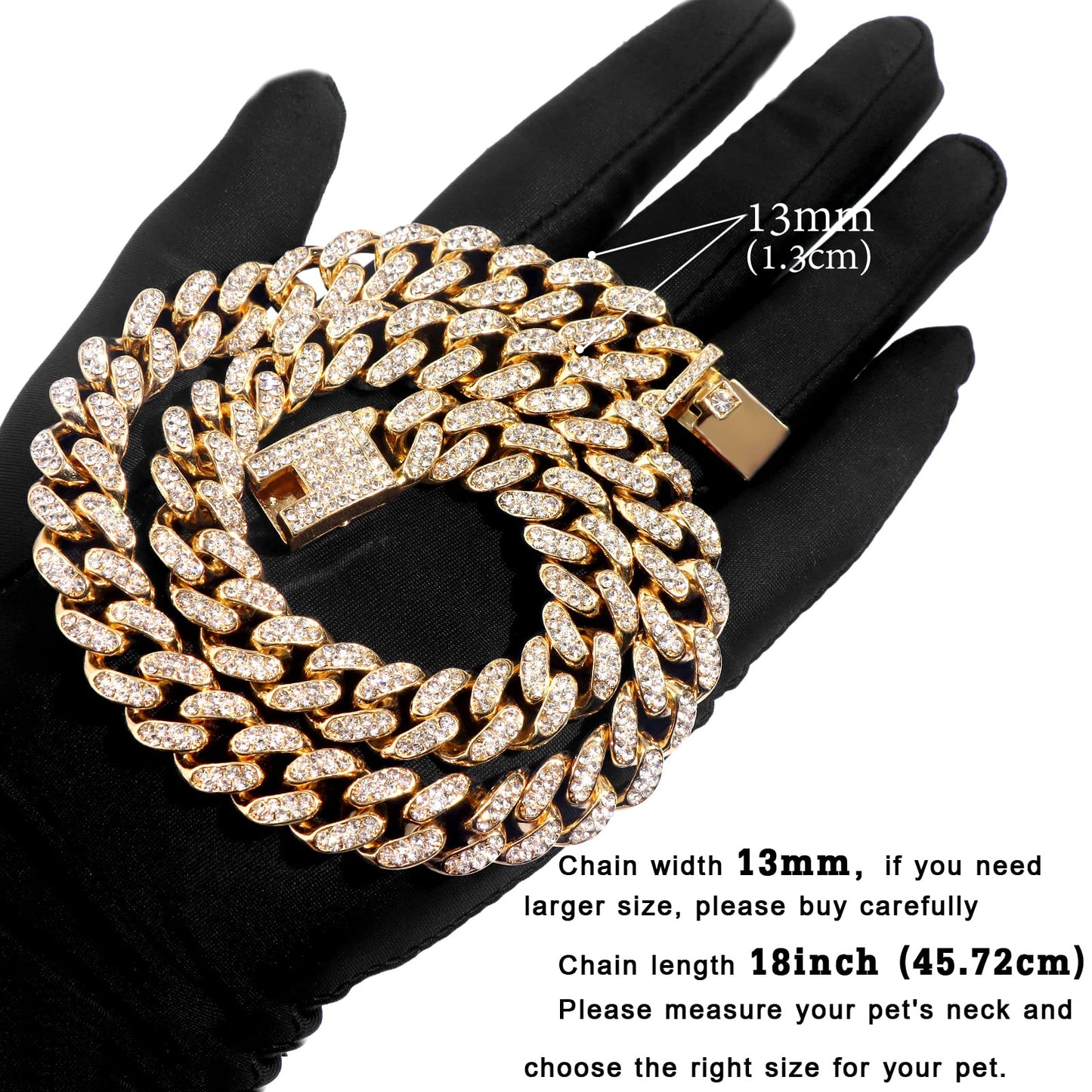 Cuban Link Dog Collar Gold Silver Color Metal Chain Diamond Pet Collars for Dogs Cats Jewelry 8/10/14/16/18/20/24/28 Inch (16inch, Gold)