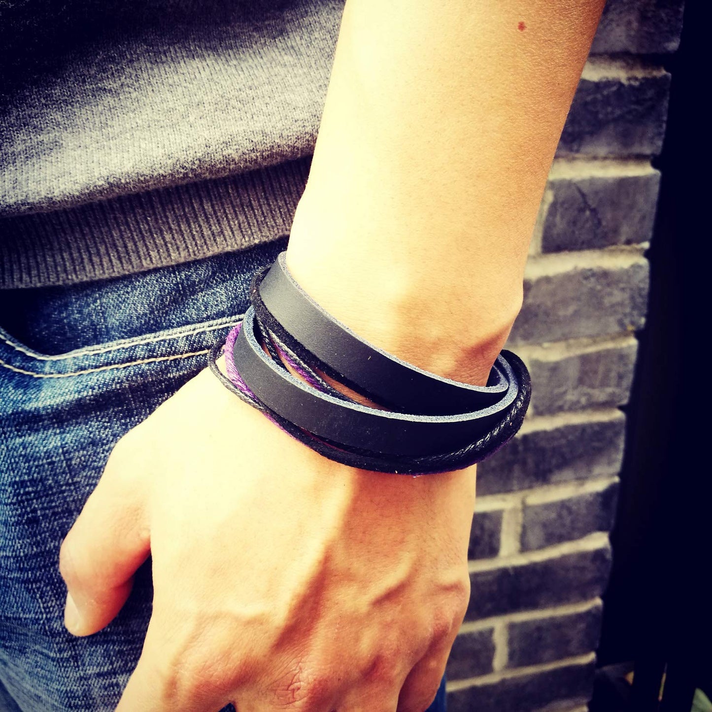 Genuine Leather Bracelet for Women & Men,Unisex Multilayer Leather Adjustable Bracelet Cuff Wrap Multicolor Rope Wristband