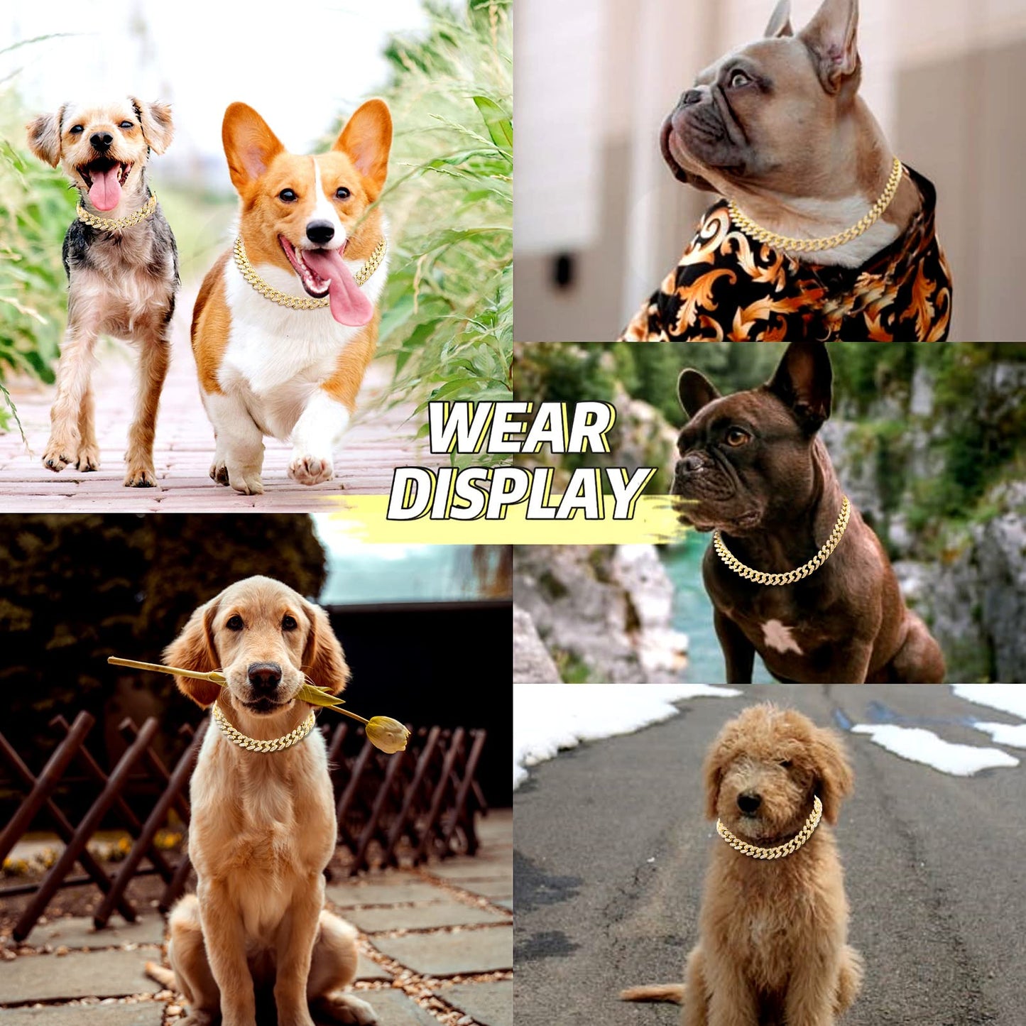 Cuban Link Dog Collar Gold Silver Color Metal Chain Diamond Pet Collars for Dogs Cats Jewelry 8/10/14/16/18/20/24/28 Inch (16inch, Gold)