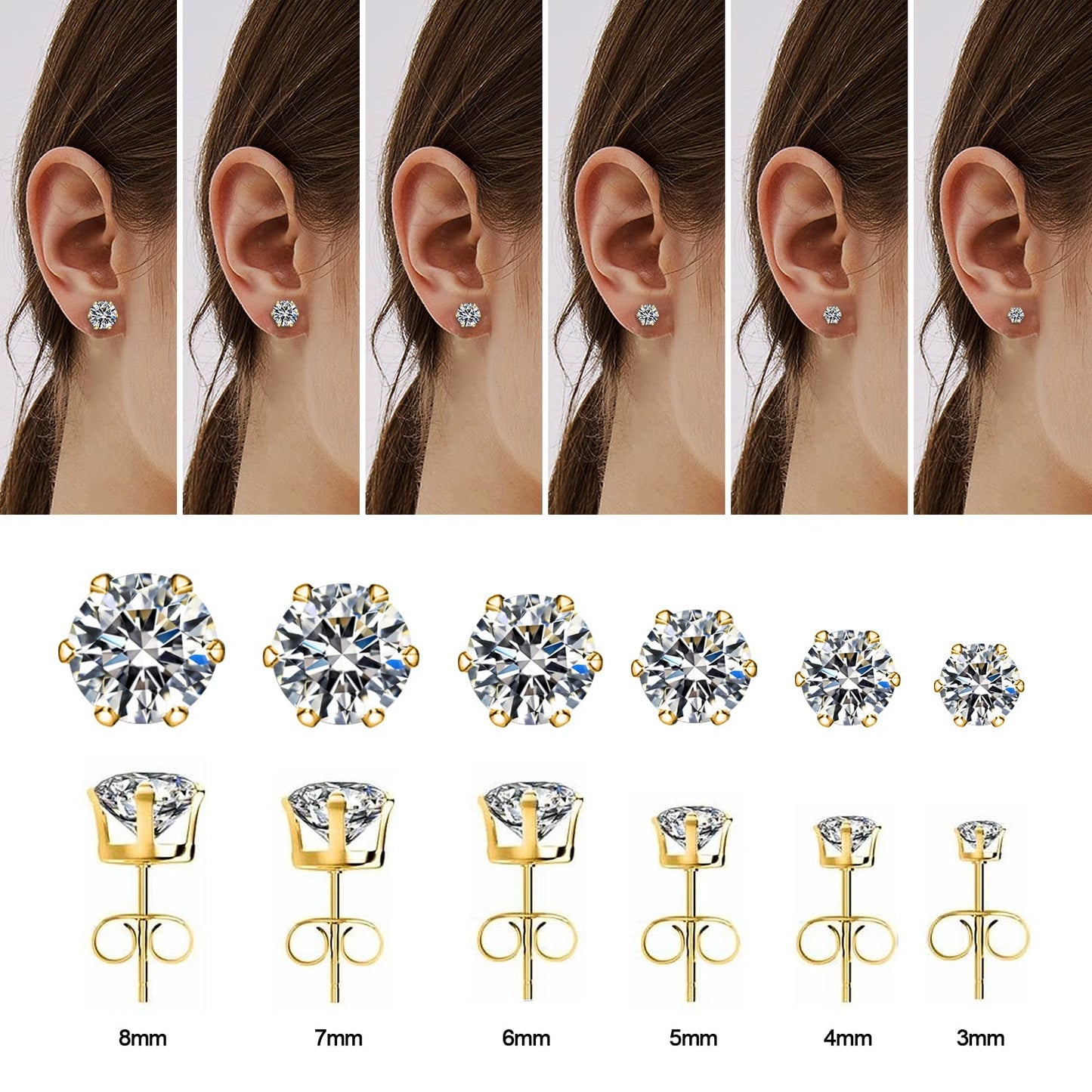 UHIBROS 6 Pairs Stainless Steel Stud Earrings Set Hypoallergenic Cubic Zirconia 14K White Gold 316L CZ Earrings