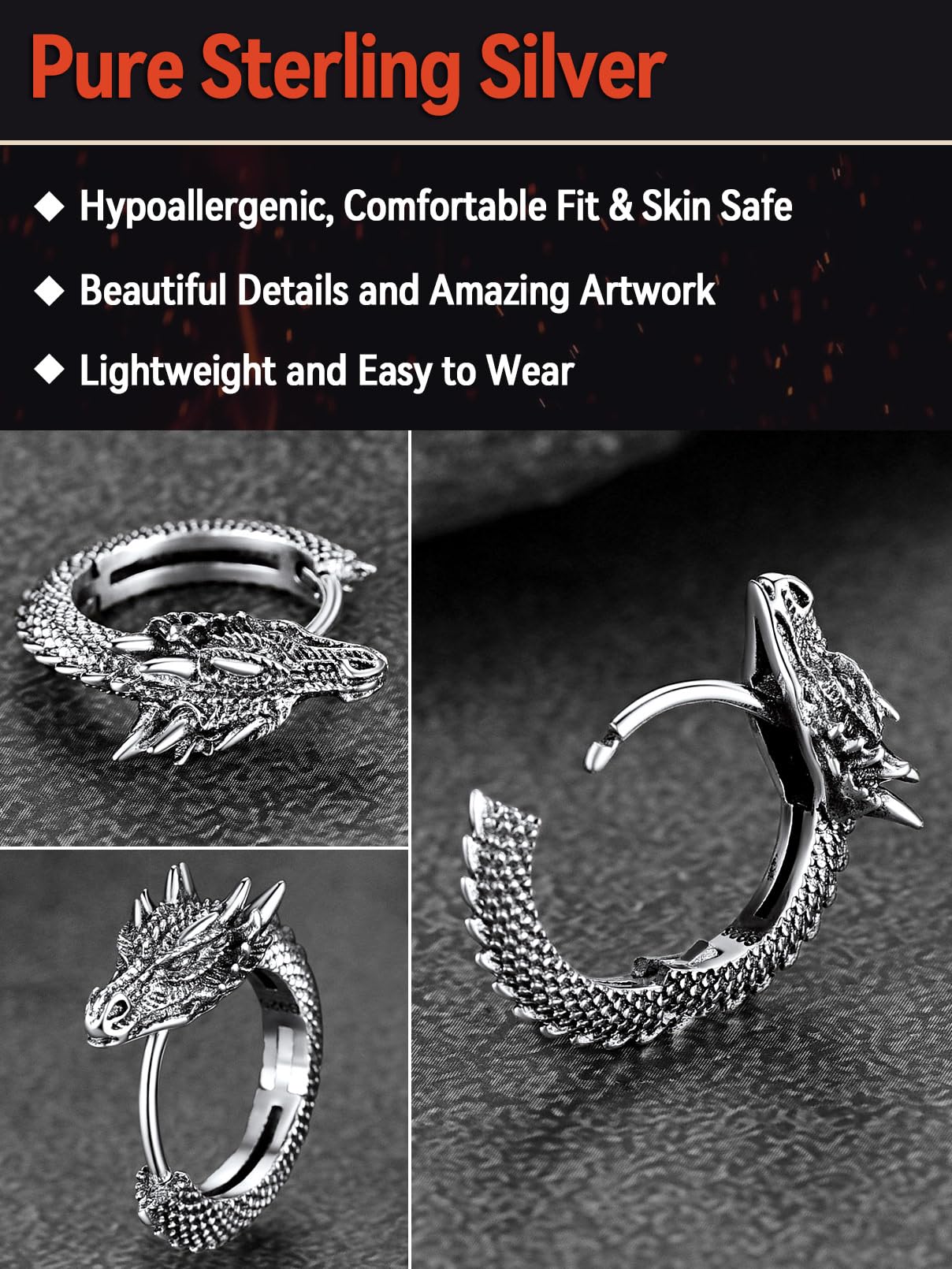 FaithHeart Dragon/Dinosaur/Snake Hoop Earrings for Men, Sturdy Stainless Steel Punk Biker Animals Hypoallergenic Jewelry, Gift Box