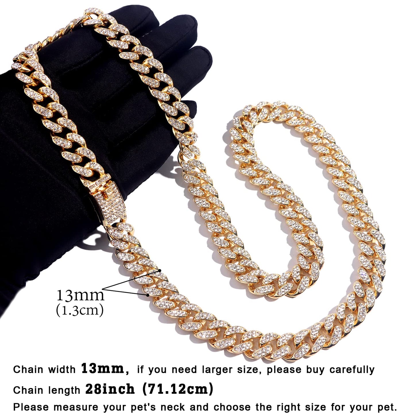 Cuban Link Dog Collar Gold Silver Color Metal Chain Diamond Pet Collars for Dogs Cats Jewelry 8/10/14/16/18/20/24/28 Inch (16inch, Gold)
