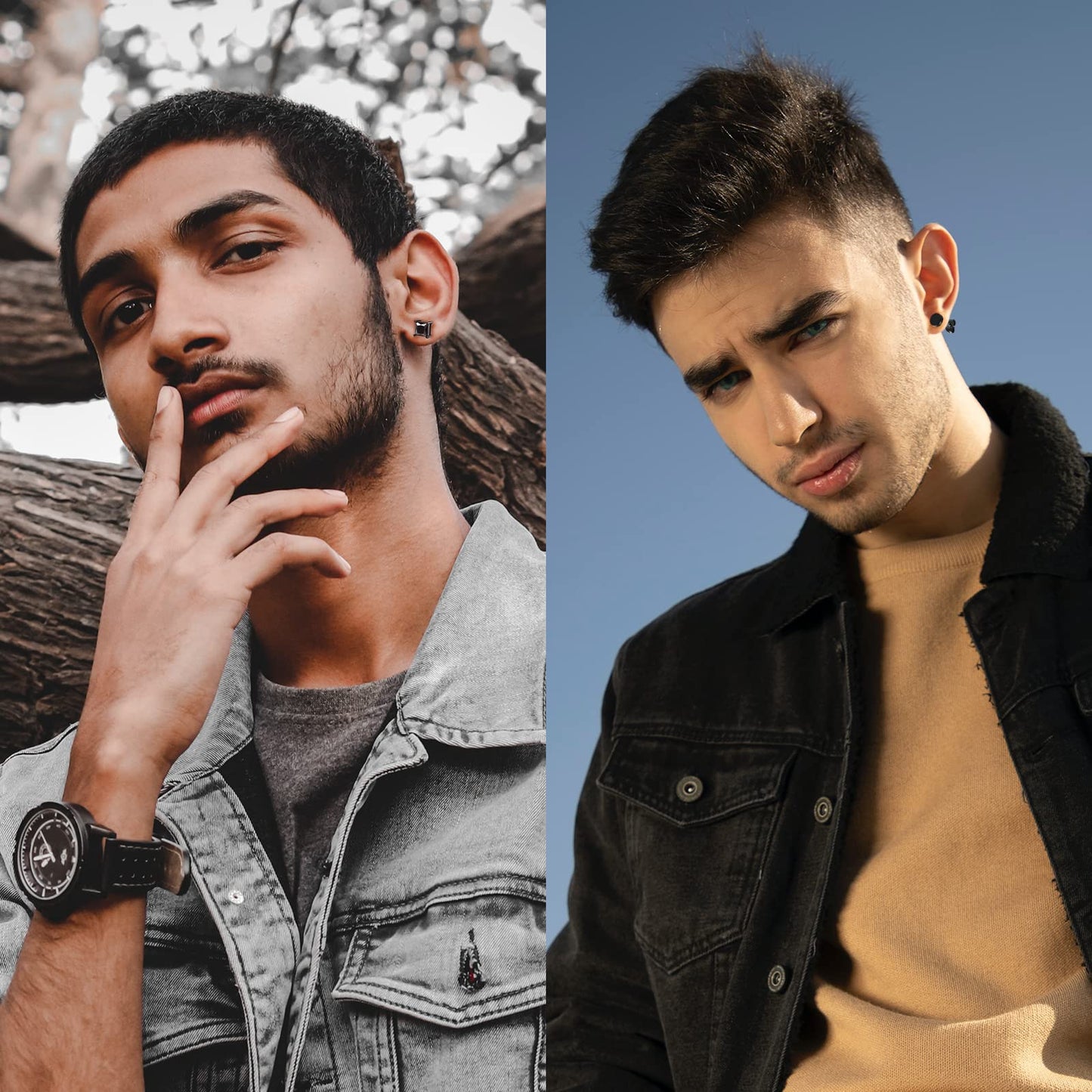 Black Stainless Steel Stud Earrings for Men Women Small Huggie Hoop Earrings Set for Men Cool Goth Punk Earrings Barbell Earrings Black Silver Hoop Cartilage Earring (Classic) (Black Tone)