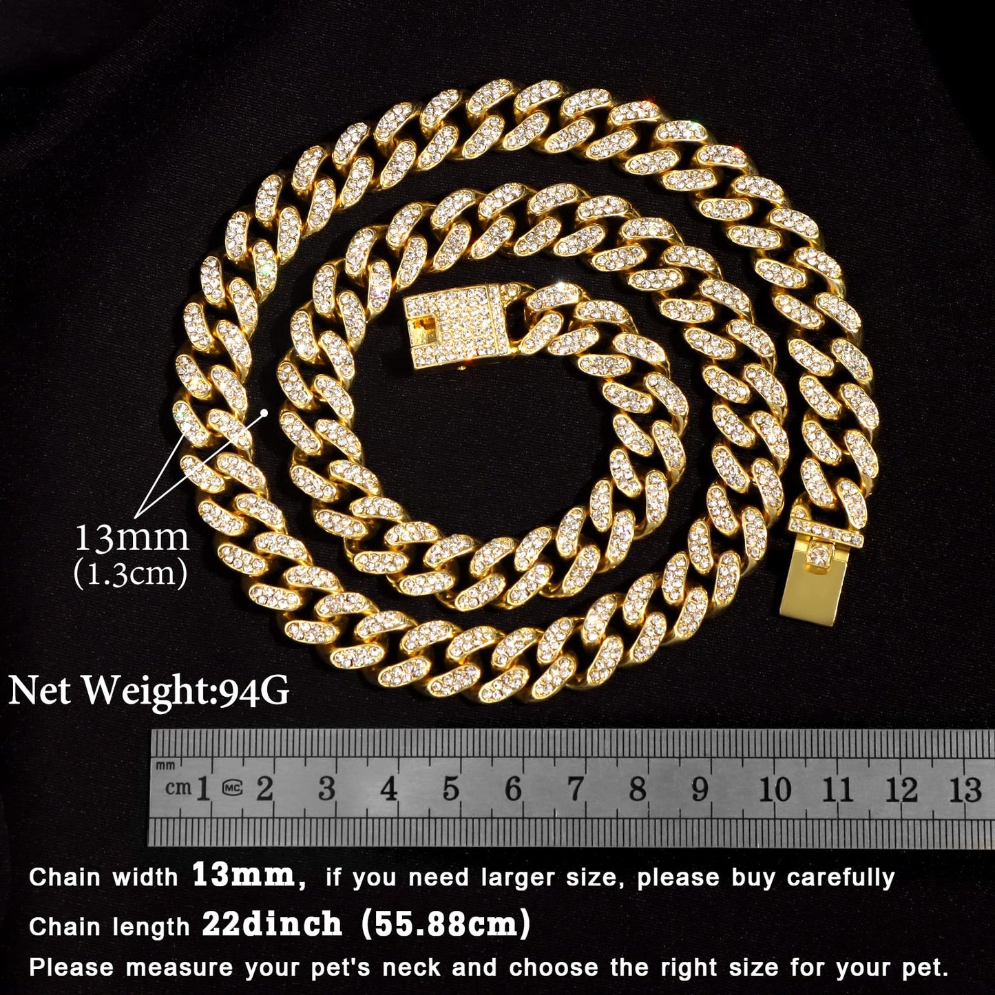 Cuban Link Dog Collar Gold Silver Color Metal Chain Diamond Pet Collars for Dogs Cats Jewelry 8/10/14/16/18/20/24/28 Inch (16inch, Gold)