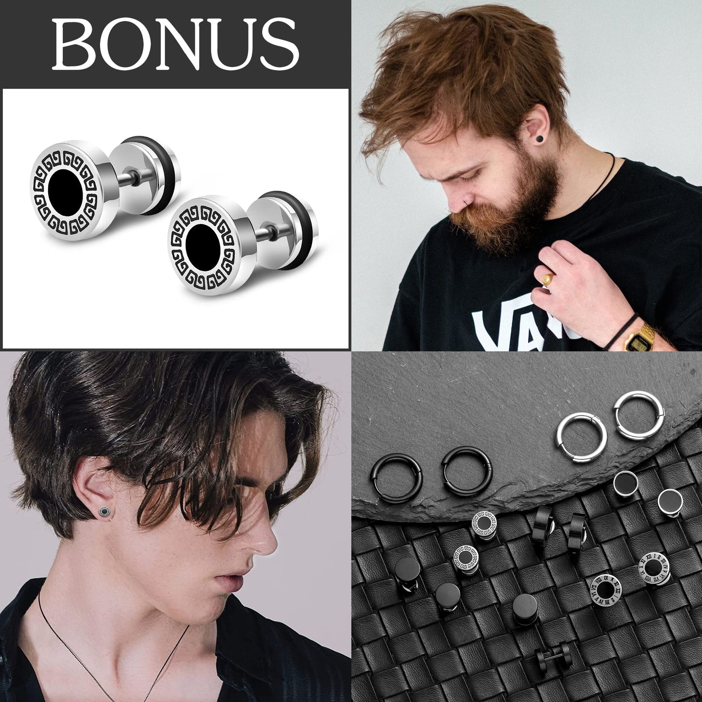 Black Stainless Steel Stud Earrings for Men Women Small Huggie Hoop Earrings Set for Men Cool Goth Punk Earrings Barbell Earrings Black Silver Hoop Cartilage Earring (Classic) (Black Tone)