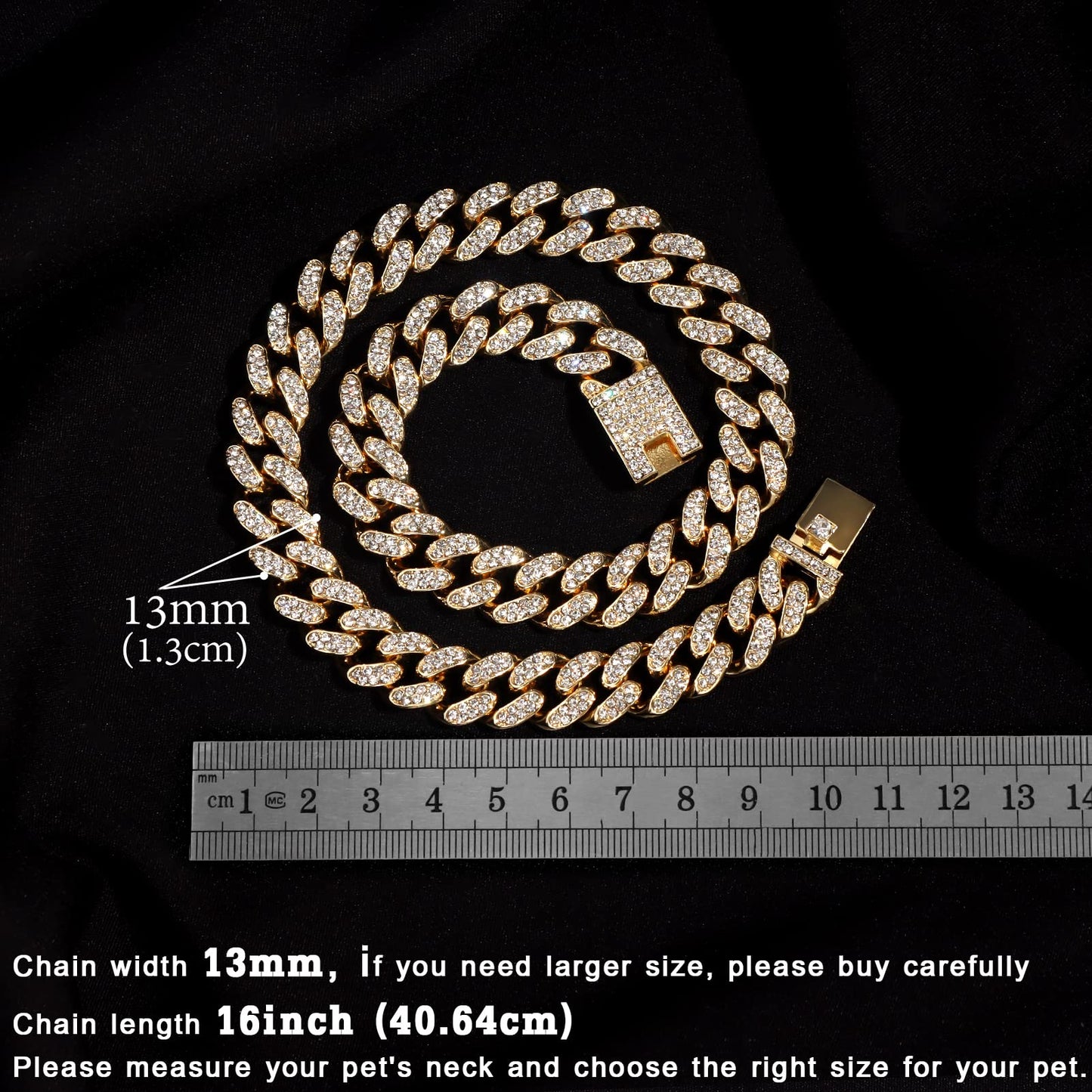 Cuban Link Dog Collar Gold Silver Color Metal Chain Diamond Pet Collars for Dogs Cats Jewelry 8/10/14/16/18/20/24/28 Inch (16inch, Gold)