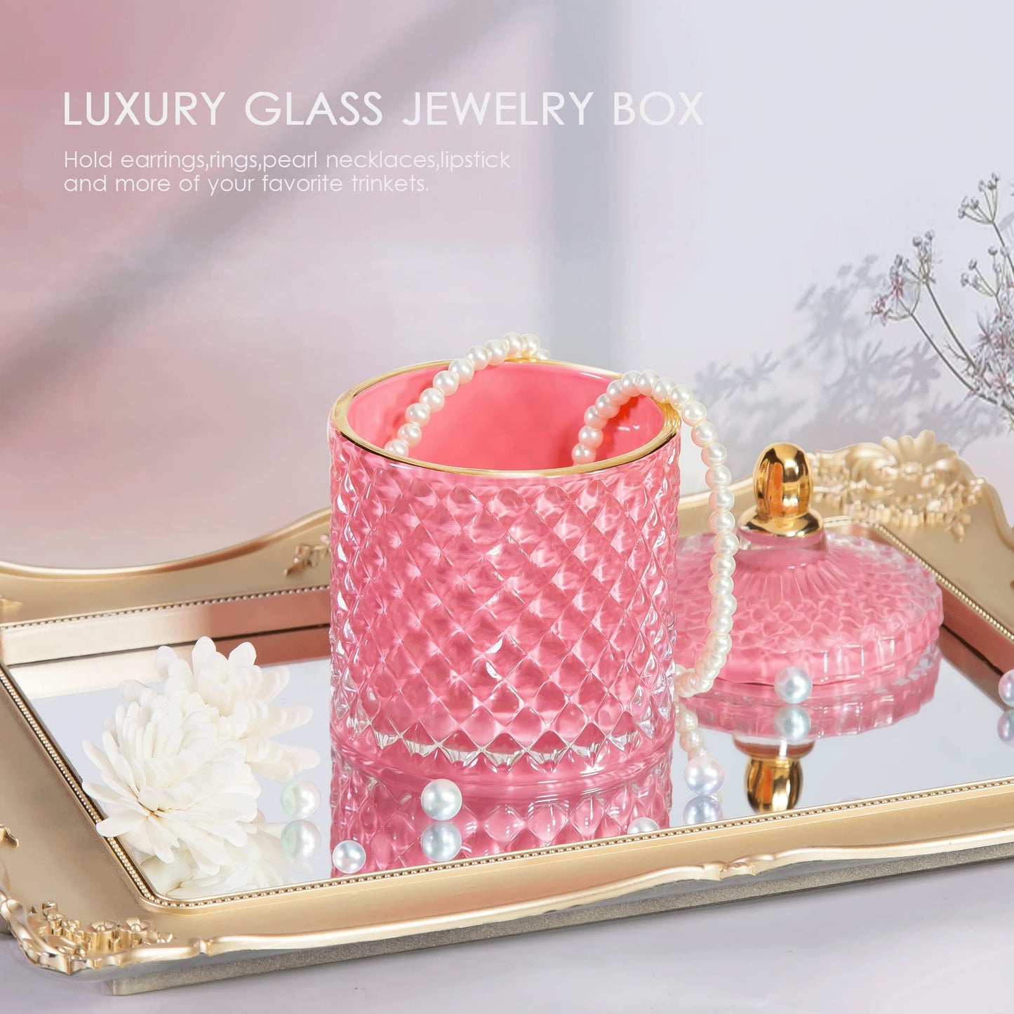 Pink Candy Jar, Glass Candy Dish with Lid, Crystal Apothocary Jars with Lids Glass Jewelry Box with Lids, Cute Glass Jar Gifts for Women