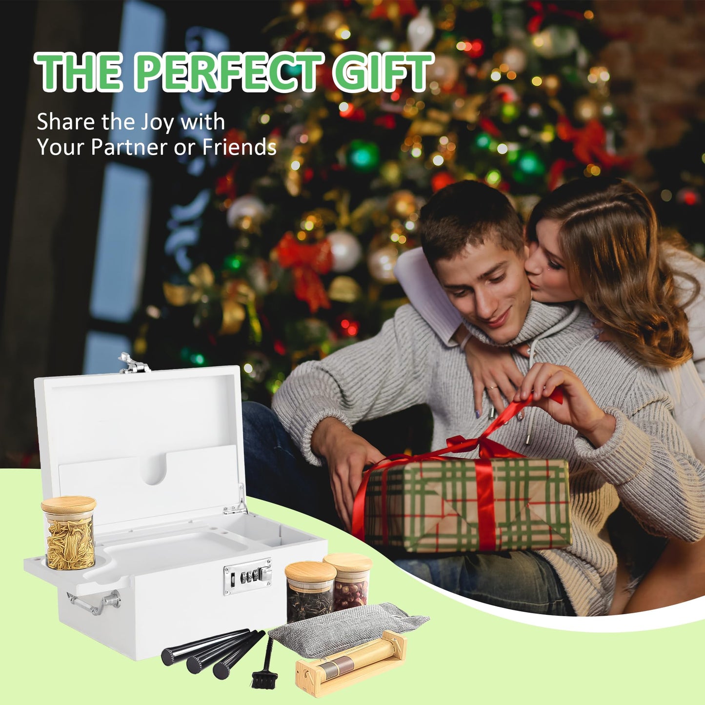 Bamboo Box with Combination Lock, Decorative Box with Handle, Large Storage Stash Box Set, Removable Dividers, 3 Glass Jars, Bamboo Herb Roller, Tray Insert & Smell Proof Accessory Tools Kit (Black)