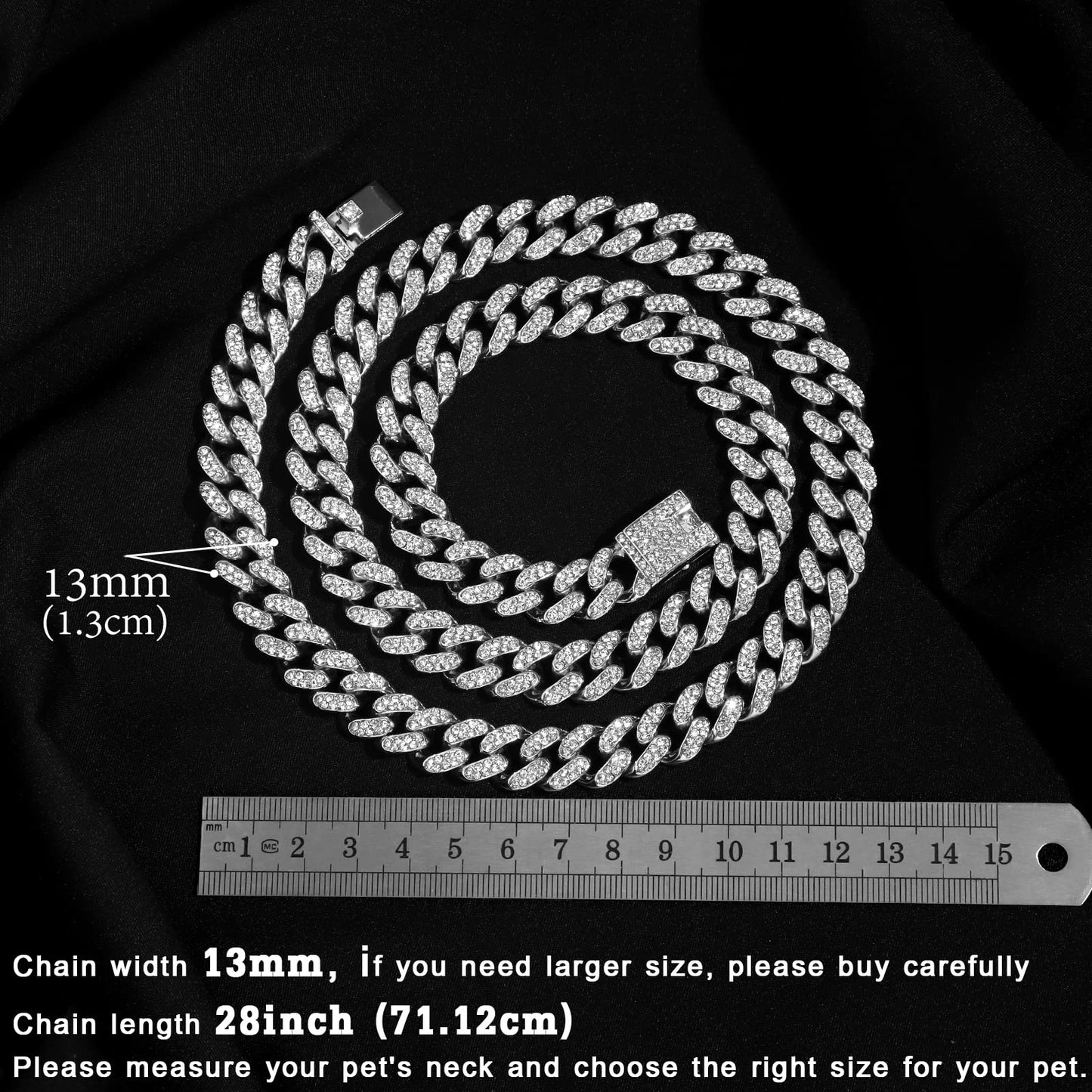 Cuban Link Dog Collar Gold Silver Color Metal Chain Diamond Pet Collars for Dogs Cats Jewelry 8/10/14/16/18/20/24/28 Inch (16inch, Gold)