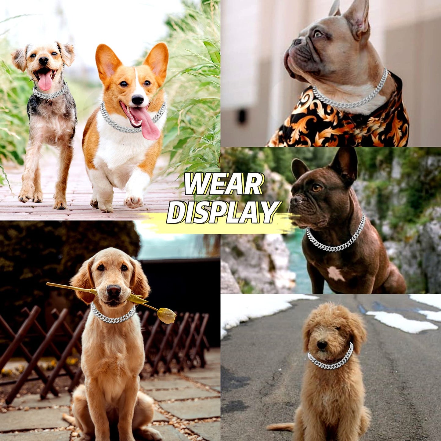 Cuban Link Dog Collar Gold Silver Color Metal Chain Diamond Pet Collars for Dogs Cats Jewelry 8/10/14/16/18/20/24/28 Inch (16inch, Gold)