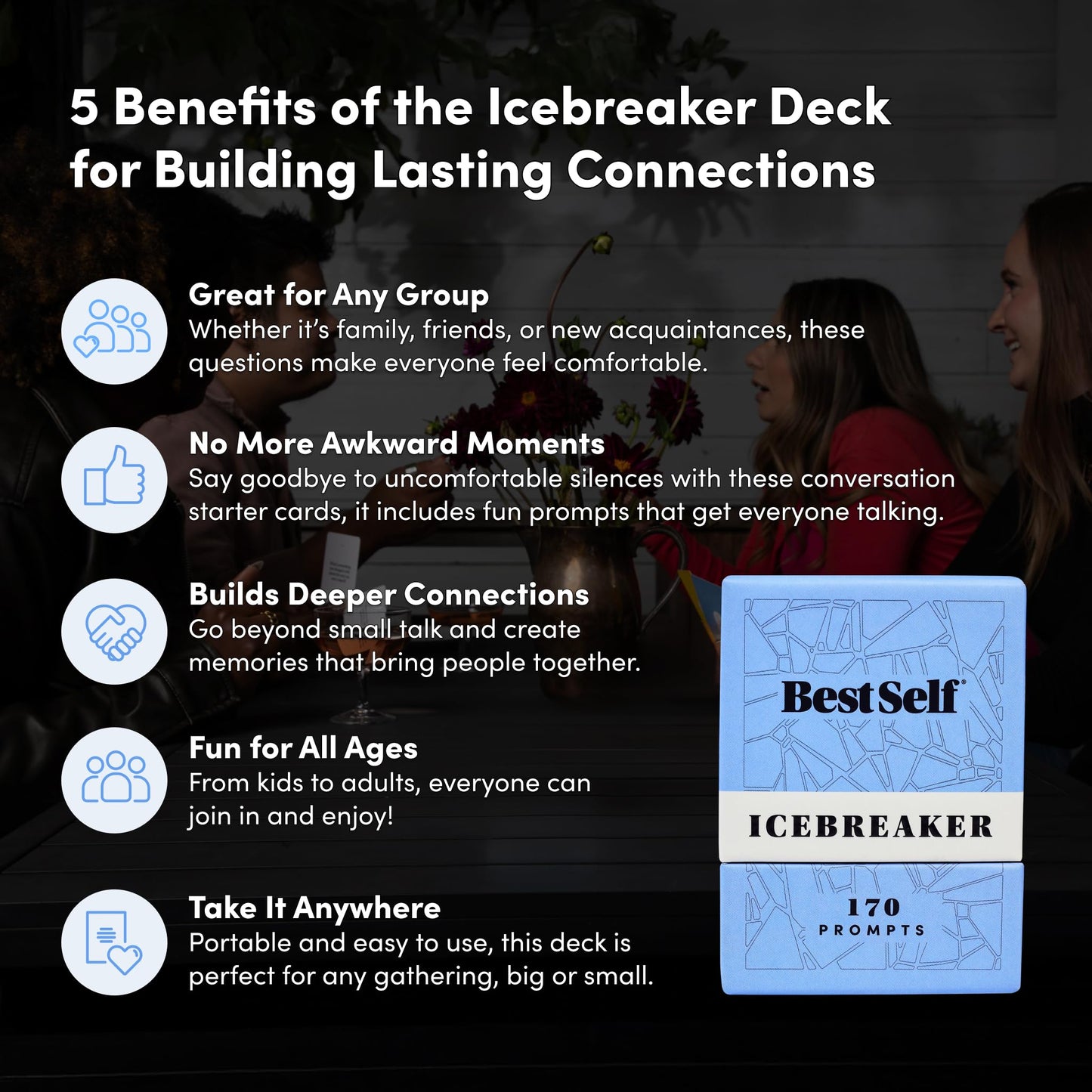 BestSelf Icebreaker Deeper Talk Deck - Conversation Starter Card Pack to Deepen Friendships with 150 Prompts to Create Real Conversations for Friends, Coworkers, Family, Dates