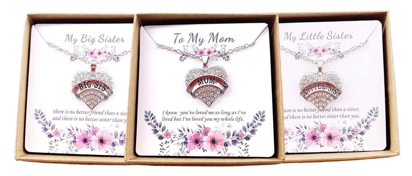 Charm.L Grace Crystal Heart Necklaces Set Mom Big Sis Middle Lil Sister