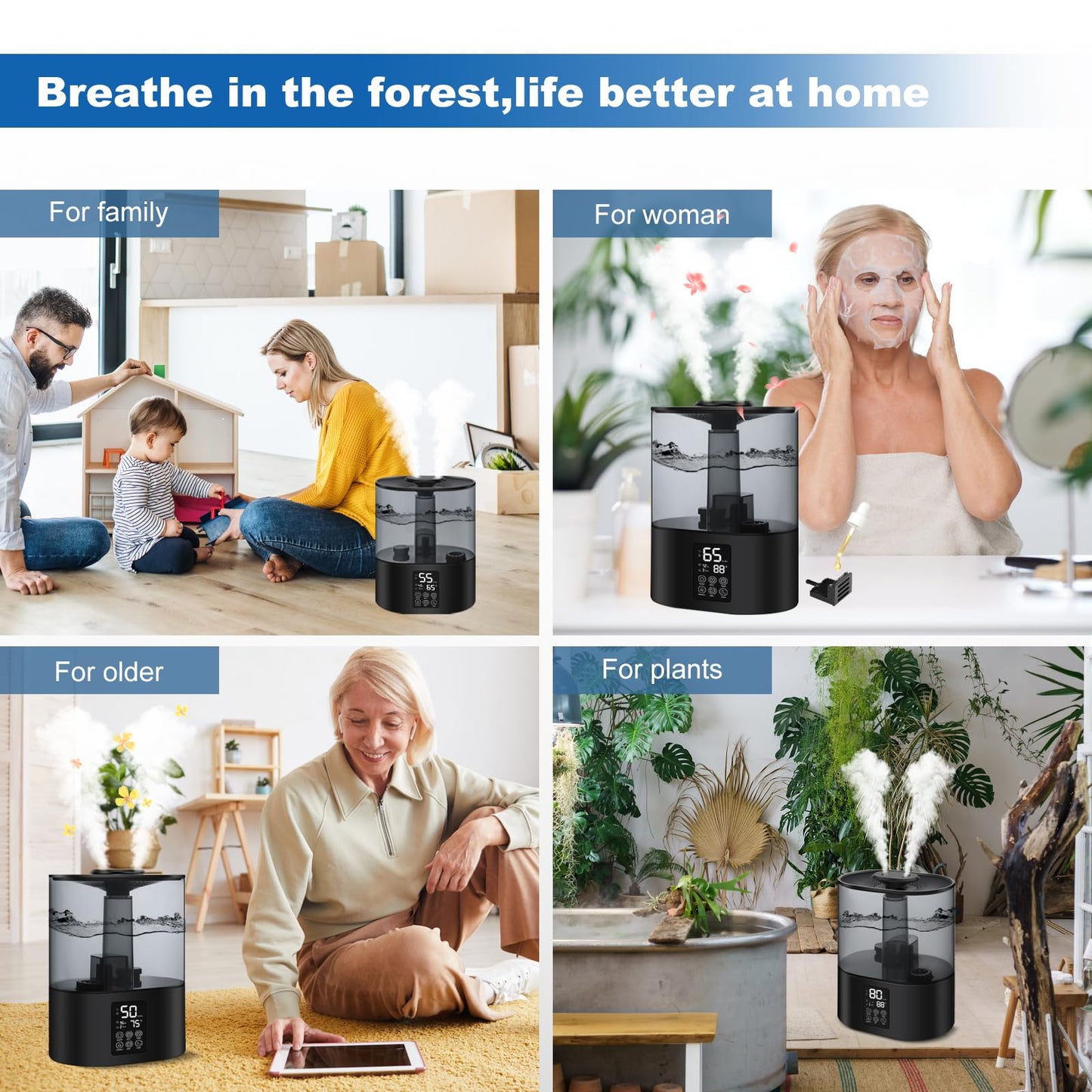 6L Humidifiers for Bedroom Large Room Home, Cool and Warm for Baby and Plants Mist Top Fill Desk Humidifiers Essential Oil Diffuser, Quiet with Adjustable Mist,360°Nozzle-Black