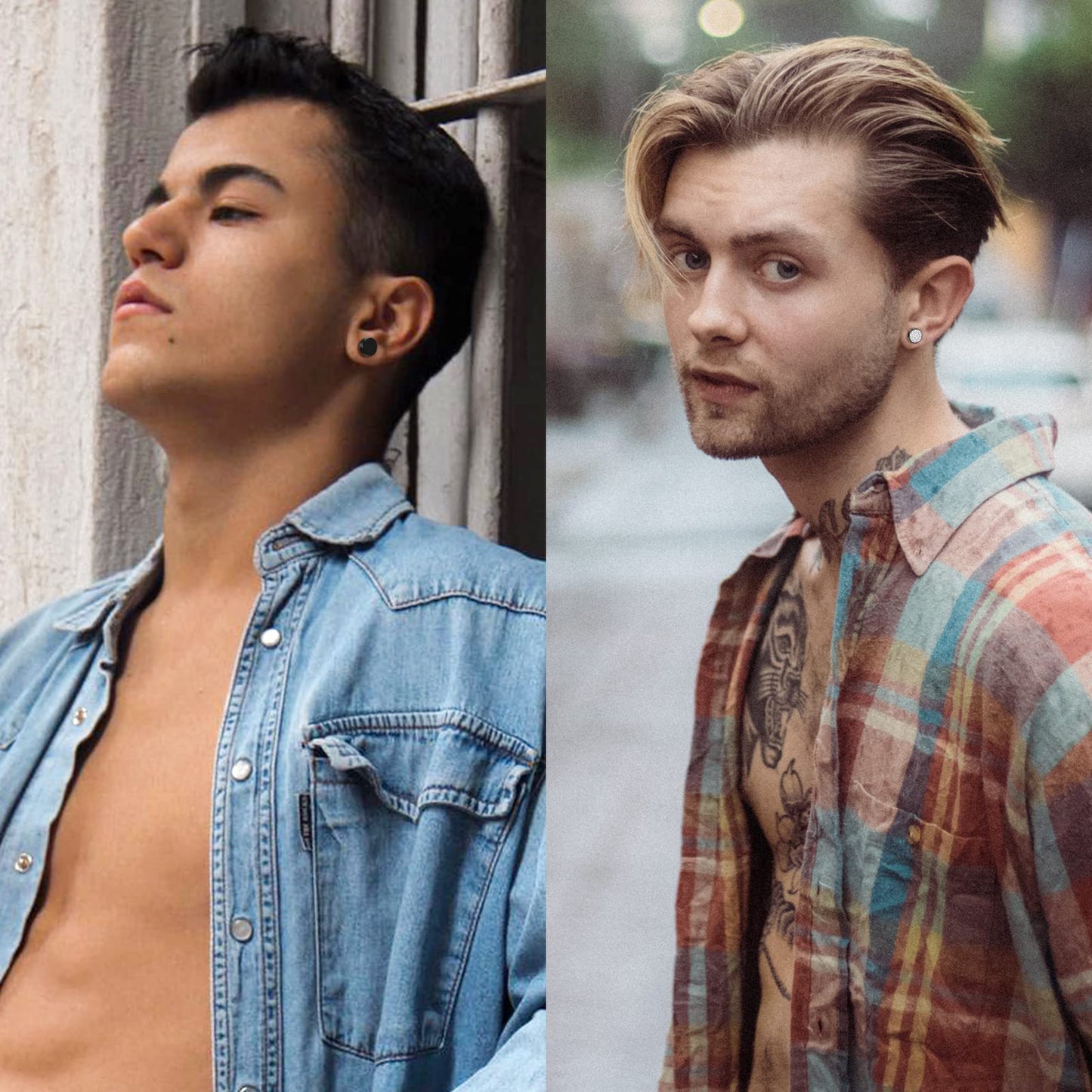 Black Stainless Steel Stud Earrings for Men Women Small Huggie Hoop Earrings Set for Men Cool Goth Punk Earrings Barbell Earrings Black Silver Hoop Cartilage Earring (Classic) (Black Tone)