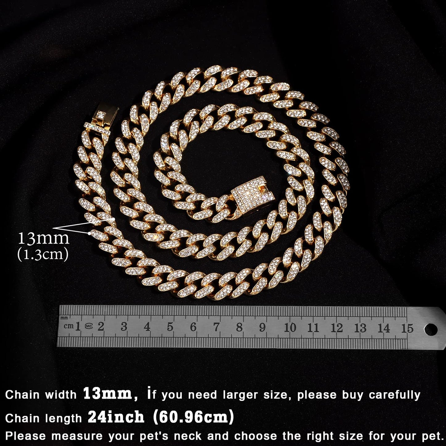 Cuban Link Dog Collar Gold Silver Color Metal Chain Diamond Pet Collars for Dogs Cats Jewelry 8/10/14/16/18/20/24/28 Inch (16inch, Gold)