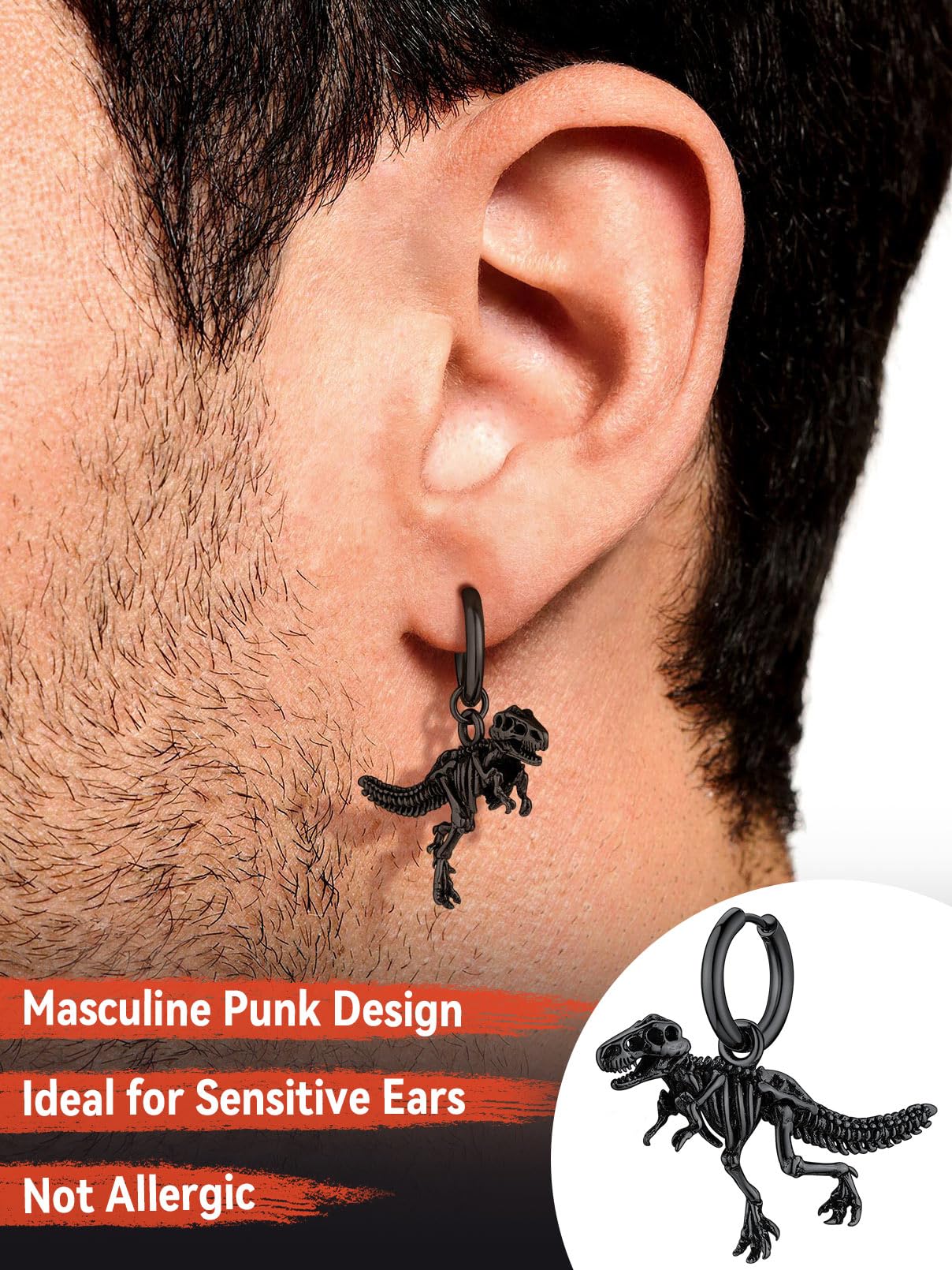FaithHeart Dragon/Dinosaur/Snake Hoop Earrings for Men, Sturdy Stainless Steel Punk Biker Animals Hypoallergenic Jewelry, Gift Box
