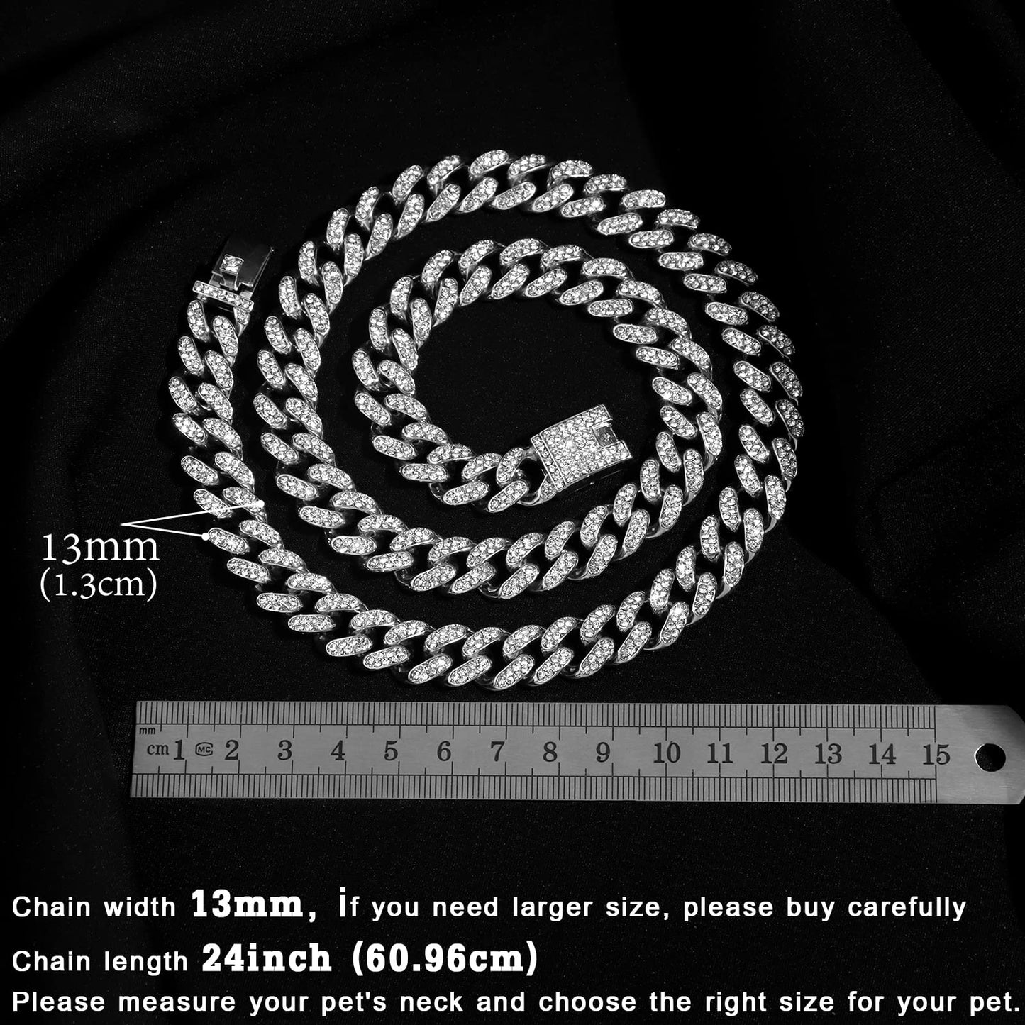 Cuban Link Dog Collar Gold Silver Color Metal Chain Diamond Pet Collars for Dogs Cats Jewelry 8/10/14/16/18/20/24/28 Inch (16inch, Gold)