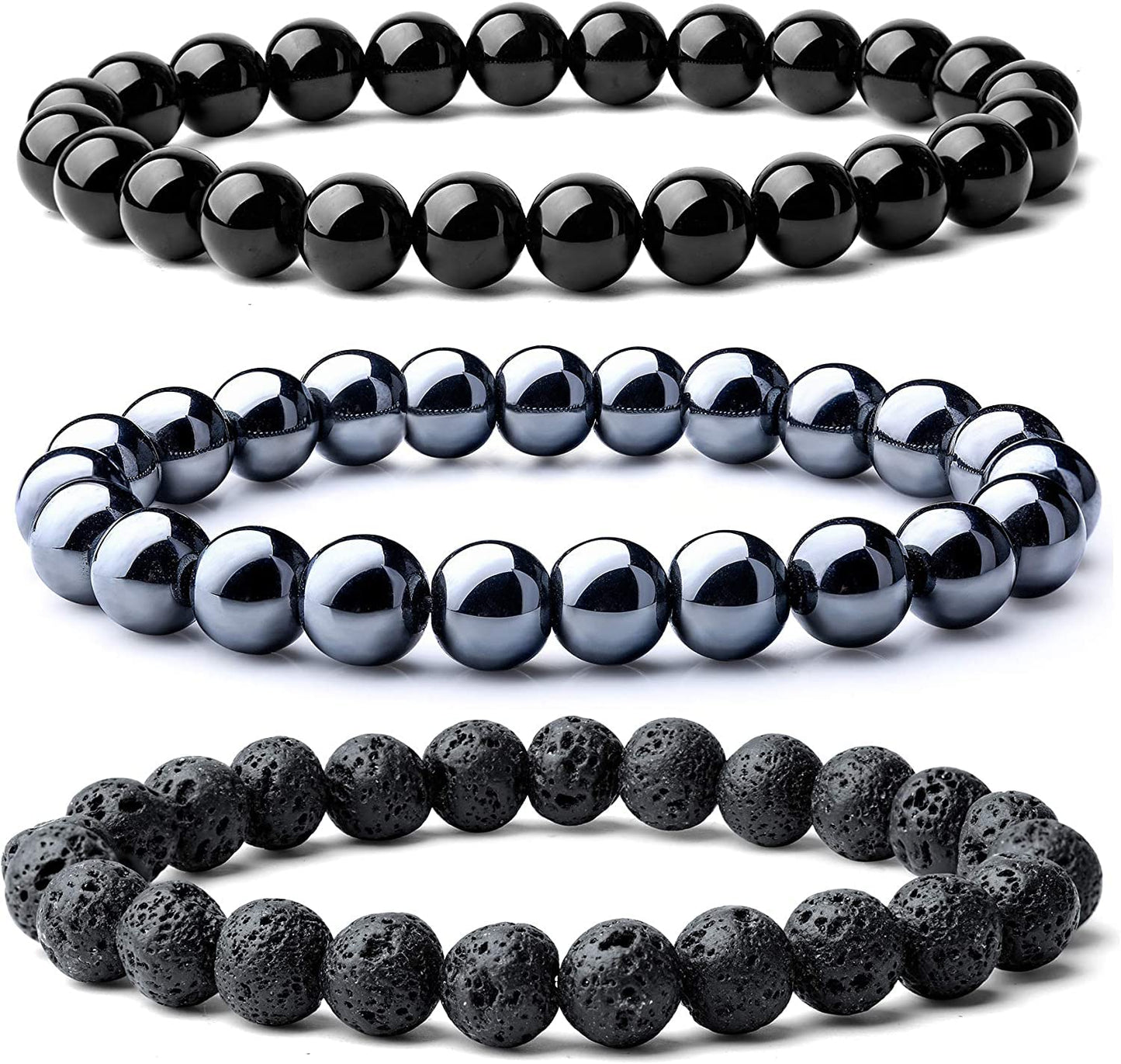 Black Obsidian Hematite Triple Protection Bracelet 10MM beads Set, Blue Tiger Eye Beads Bracelets, Lava Stone bracelets for Men Women