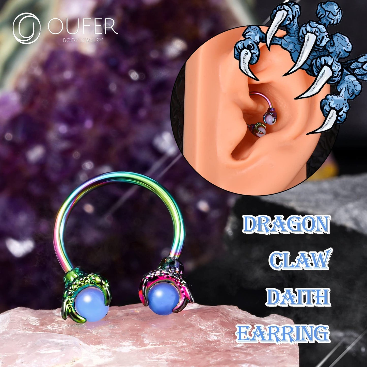 OUFER 316L Surgical Steel Circular Earrings Two White Opals Surrounded by Dragon Claws Cartilage Earing Ear Body Piercing Jewelry Helix Earrings Piercing…