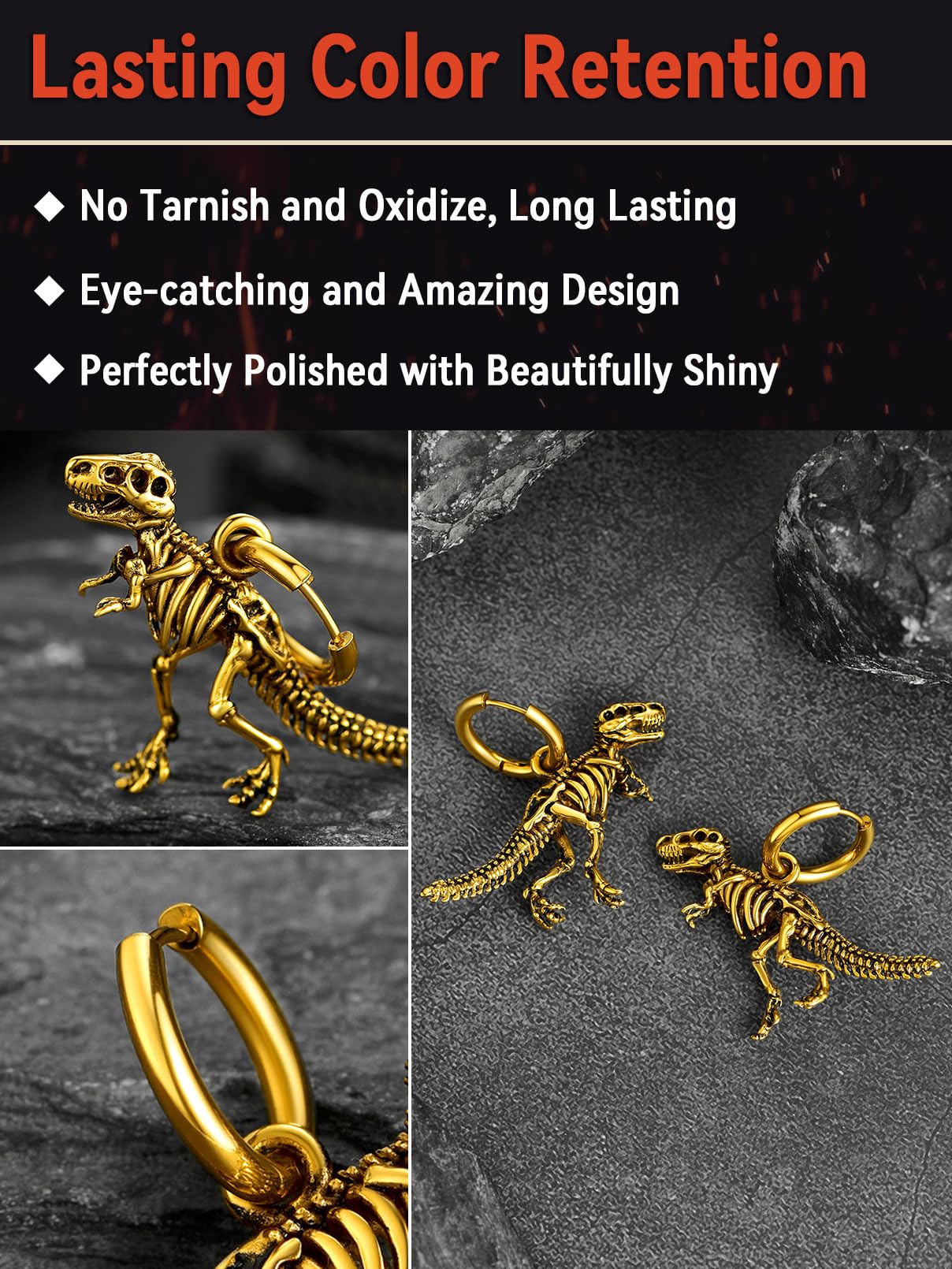 FaithHeart Dragon/Dinosaur/Snake Hoop Earrings for Men, Sturdy Stainless Steel Punk Biker Animals Hypoallergenic Jewelry, Gift Box